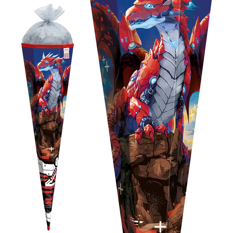 Ein kegelförmiger Behälter für Süßigkeiten mit einem lebendigen Design eines roten und blauen robotischen Drachen, der auf Steinen vor einem blauen Himmelshintergrund sitzt.