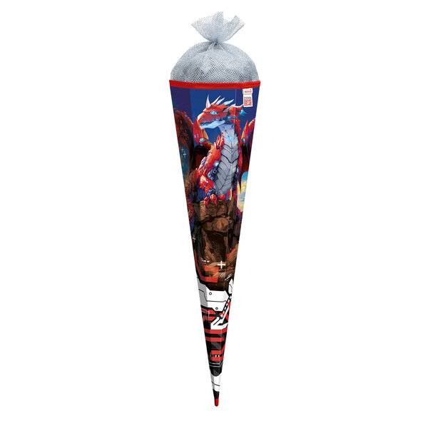 Schultüte Robo Drache - sechseckig 85 cm Silbertüll