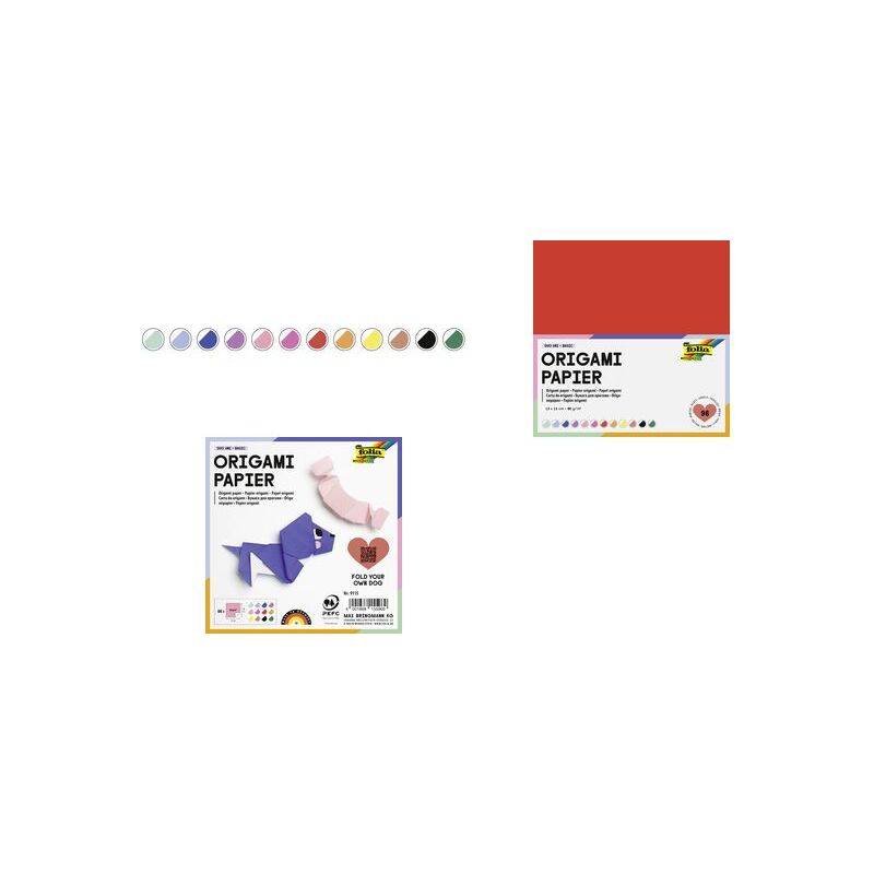 Origami-Papierset mit verschiedenen Farben, darunter Violett, Rosa und Gelb. Die Verpackung zeigt einfache Beispiele gefalteter Papiere.