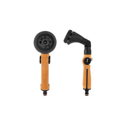 Eine Schlauch-Düse mit schwarzem und braunem Design, dargestellt von vorne und seitlich. Bietet mehrere Sprüheinstellungen für die Gartenarbeit.