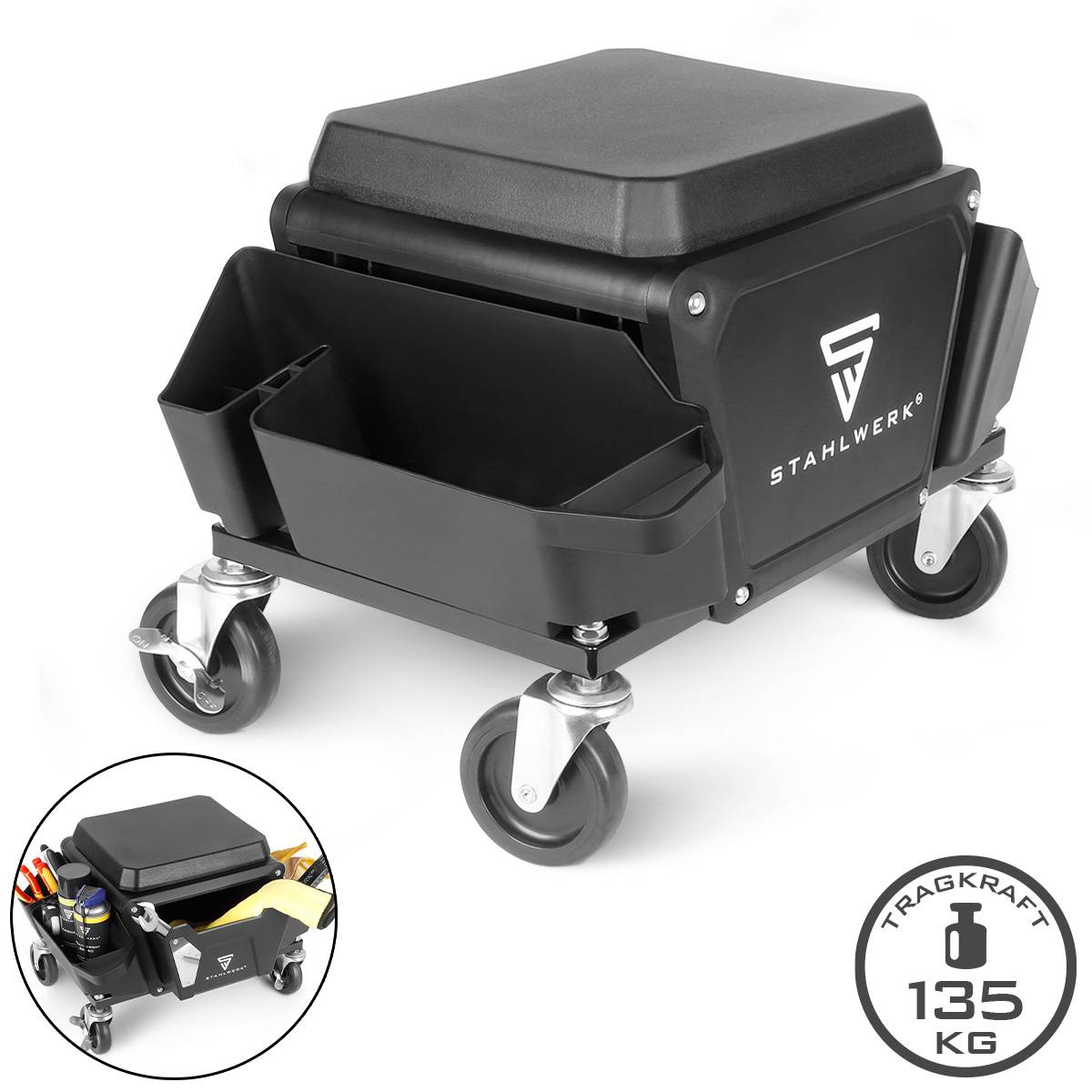 Fahrbarer Hocker mit Stauraum und robusten Rollen, trägt bis zu 135 kg. Enthält ein kleineres Bild mit gelagerten Werkzeugen.