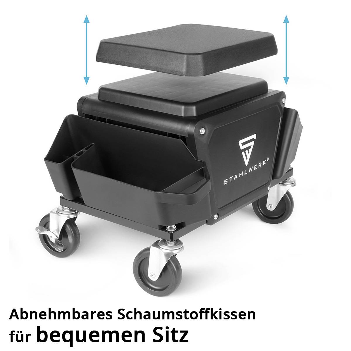 „Abnehmbares Schaumstoffkissen für bequemen Sitz.