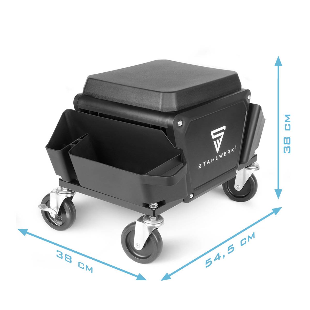 Ein schwarzer fahrbarer Sitz mit gepolstertem Oberteil und seitlichen Aufbewahrungsfächern auf Lenkrollen. Abmessungen: 54,5 cm breit, 38 cm hoch.