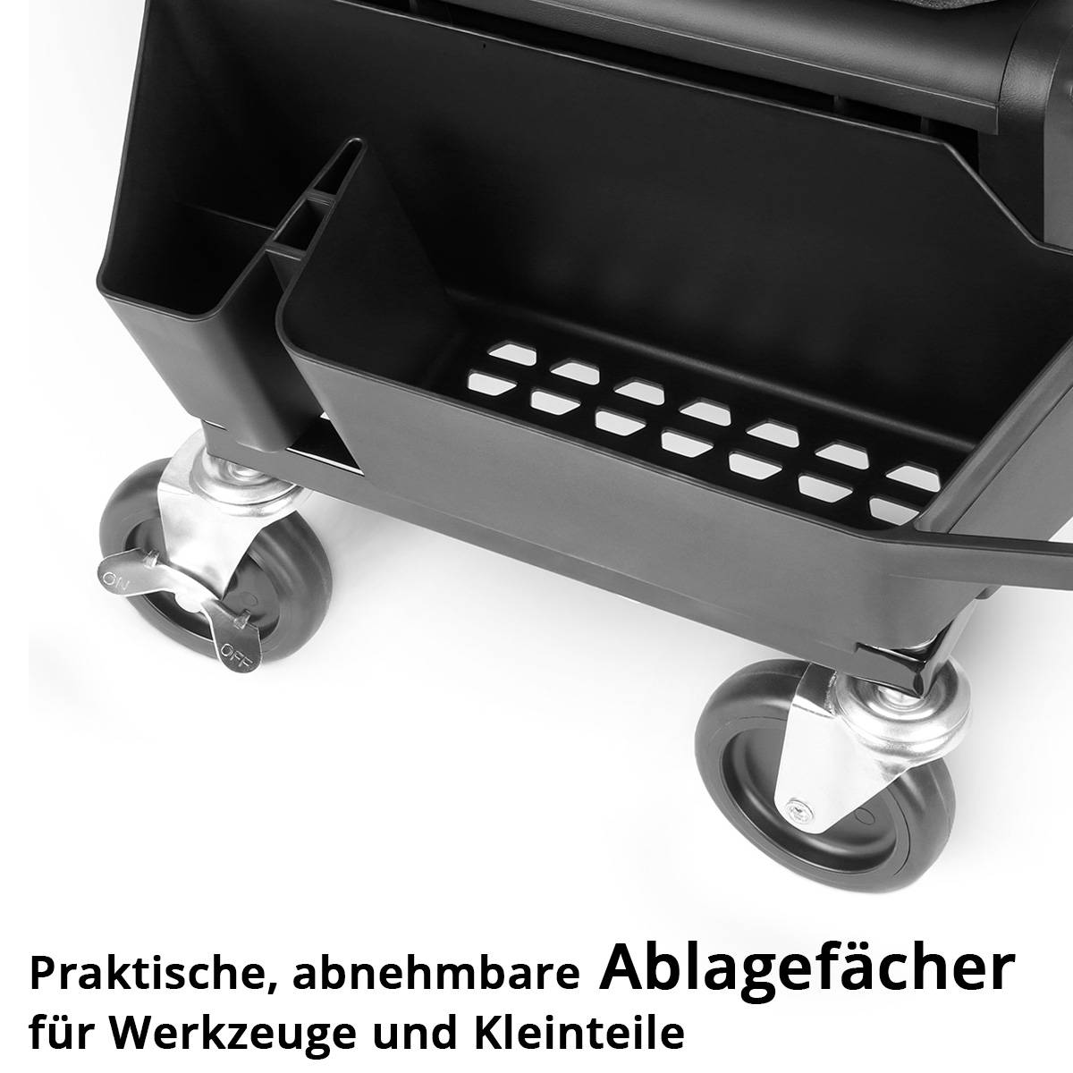 Eine Nahaufnahme eines fahrbaren Lagerwagens mit Fächern. Text darunter: Praktische, abnehmbare Ablagefächer für Werkzeuge und Kleinteile.