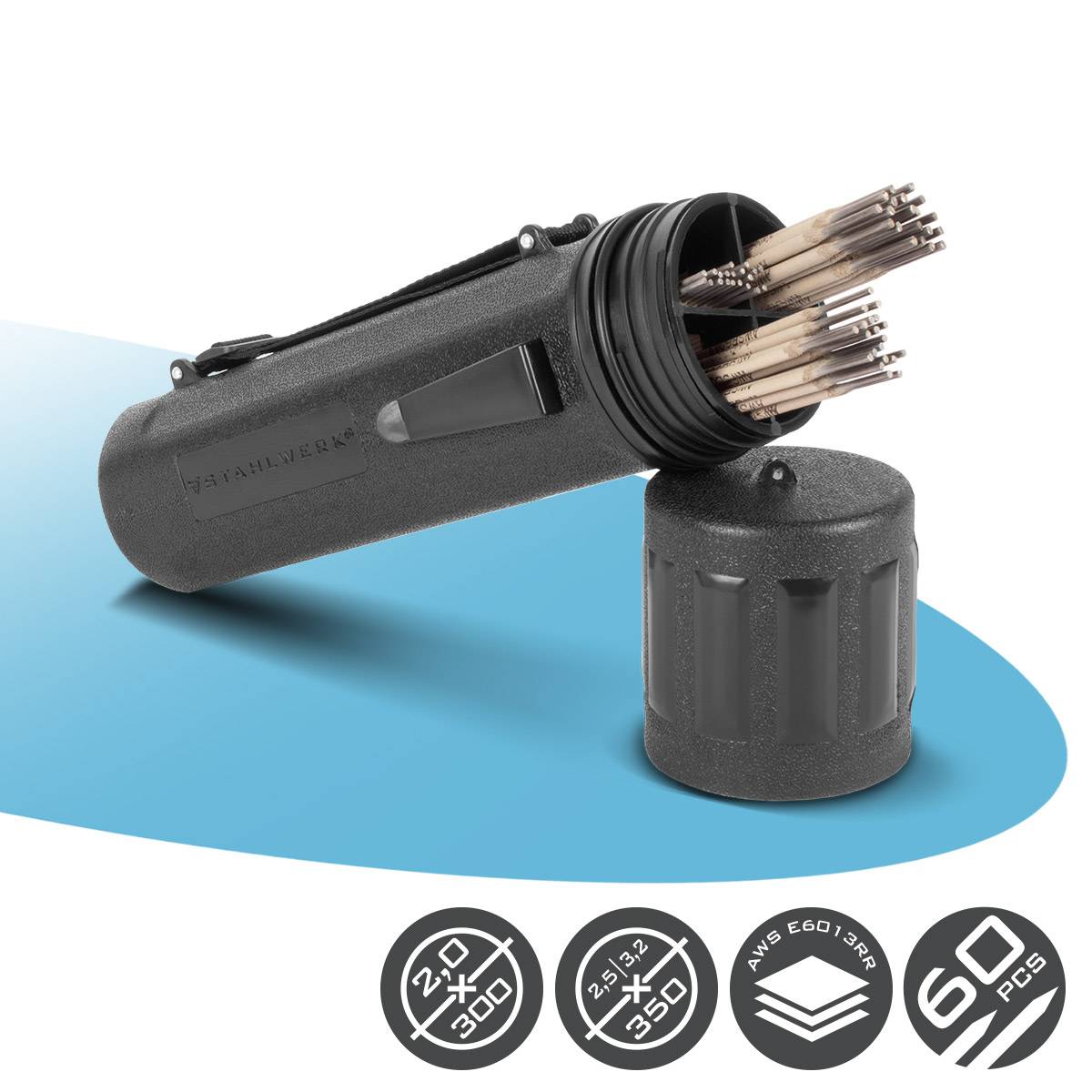 „Schweißstäbe in schwarzem Aufbewahrungskoffer mit geöffnetem Deckel, mehrere Stäbe sind im Inneren sichtbar. Fünf Abzeichen darunter zeigen die Stabspezifikationen und Menge an.