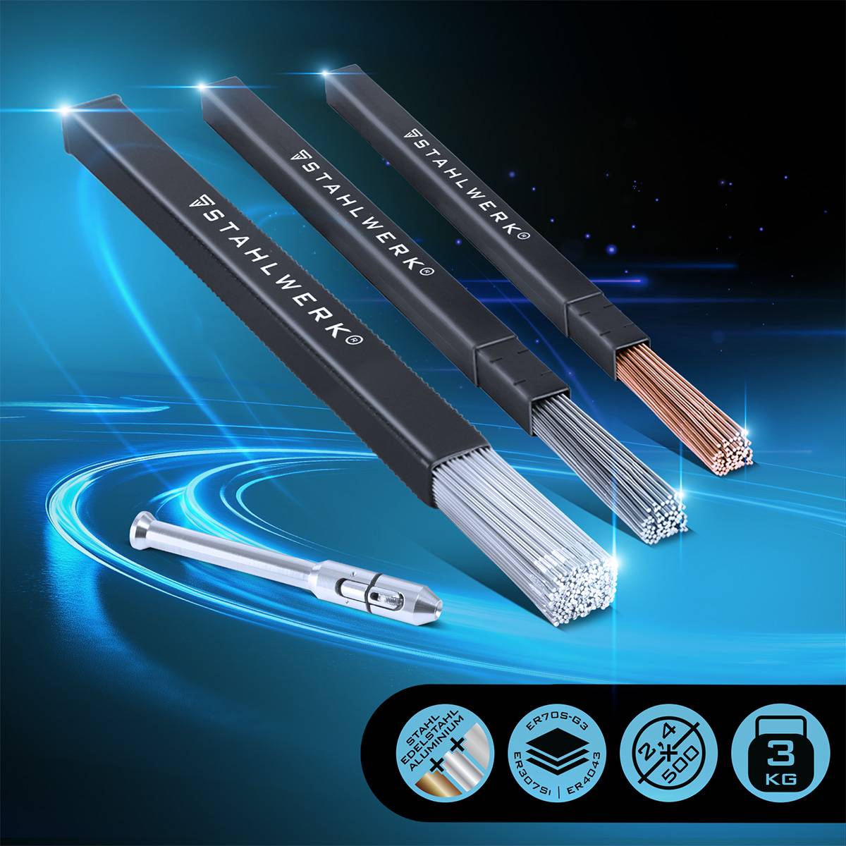 STAHWERK®' Schweißstäbe und ein Metallankerschraube, vor einem blauen Hintergrund mit geschwungenen Lichtstreifen, die hohe Leistung hervorheben.
