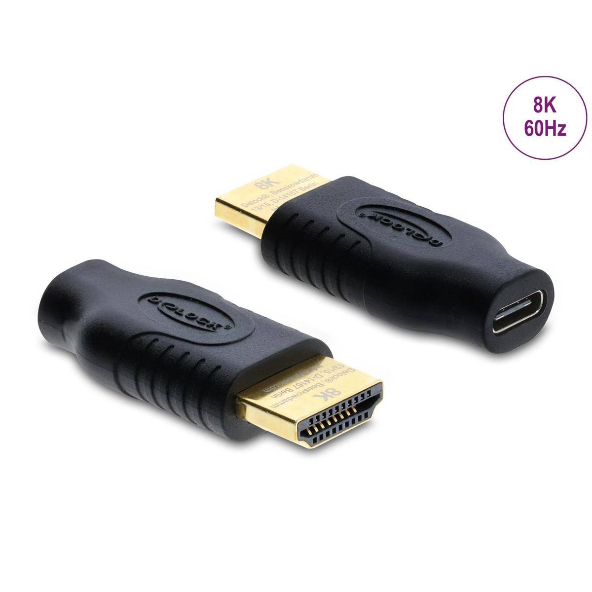 Zwei HDMI-zu-USB-C-Adapter mit vergoldeten Anschlüssen mit der Bezeichnung „8K 60Hz