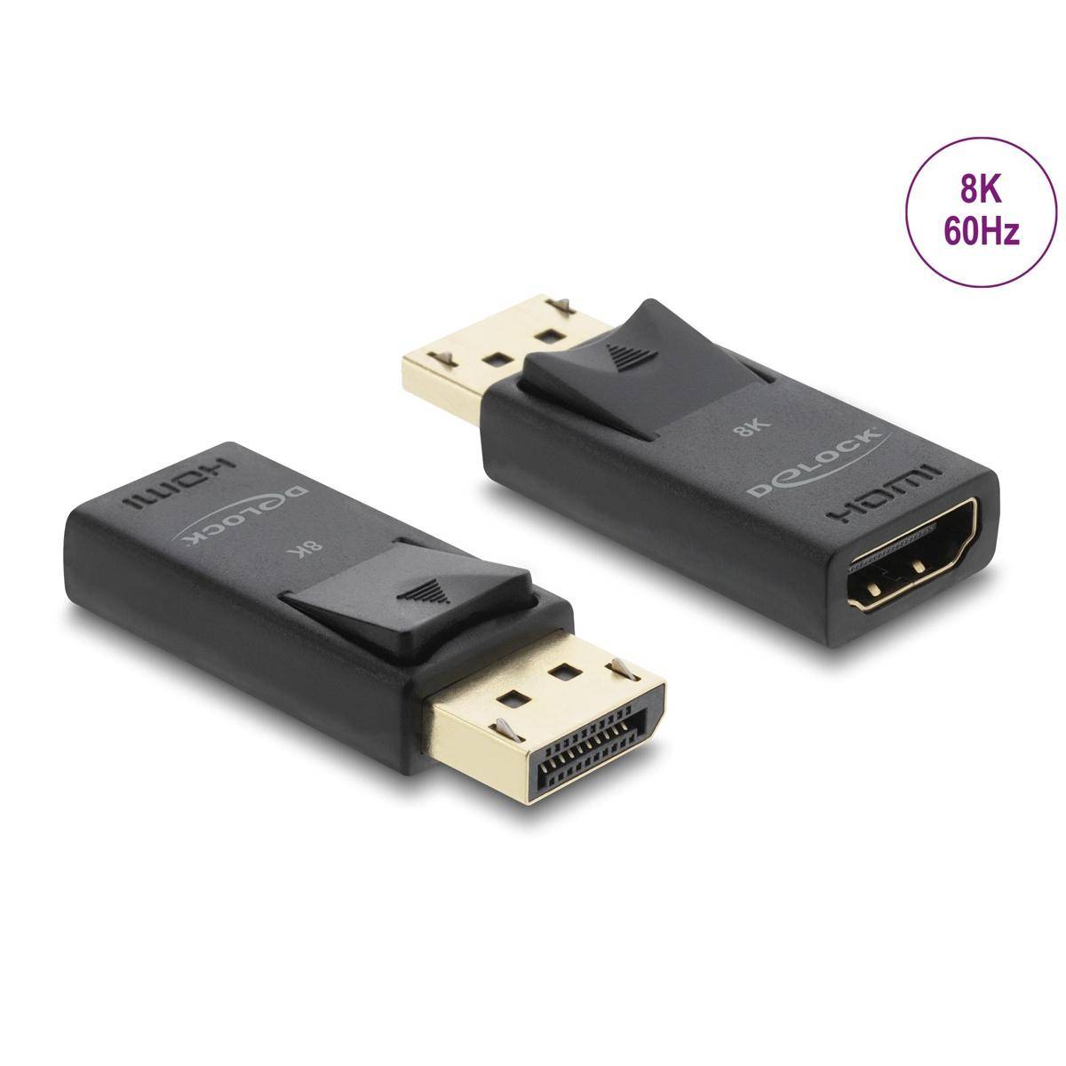 Zwei DisplayPort-zu-HDMI-Adapter, gekennzeichnet mit 8K 60Hz, mit beiden Enden: DisplayPort- und HDMI-Anschlüsse.