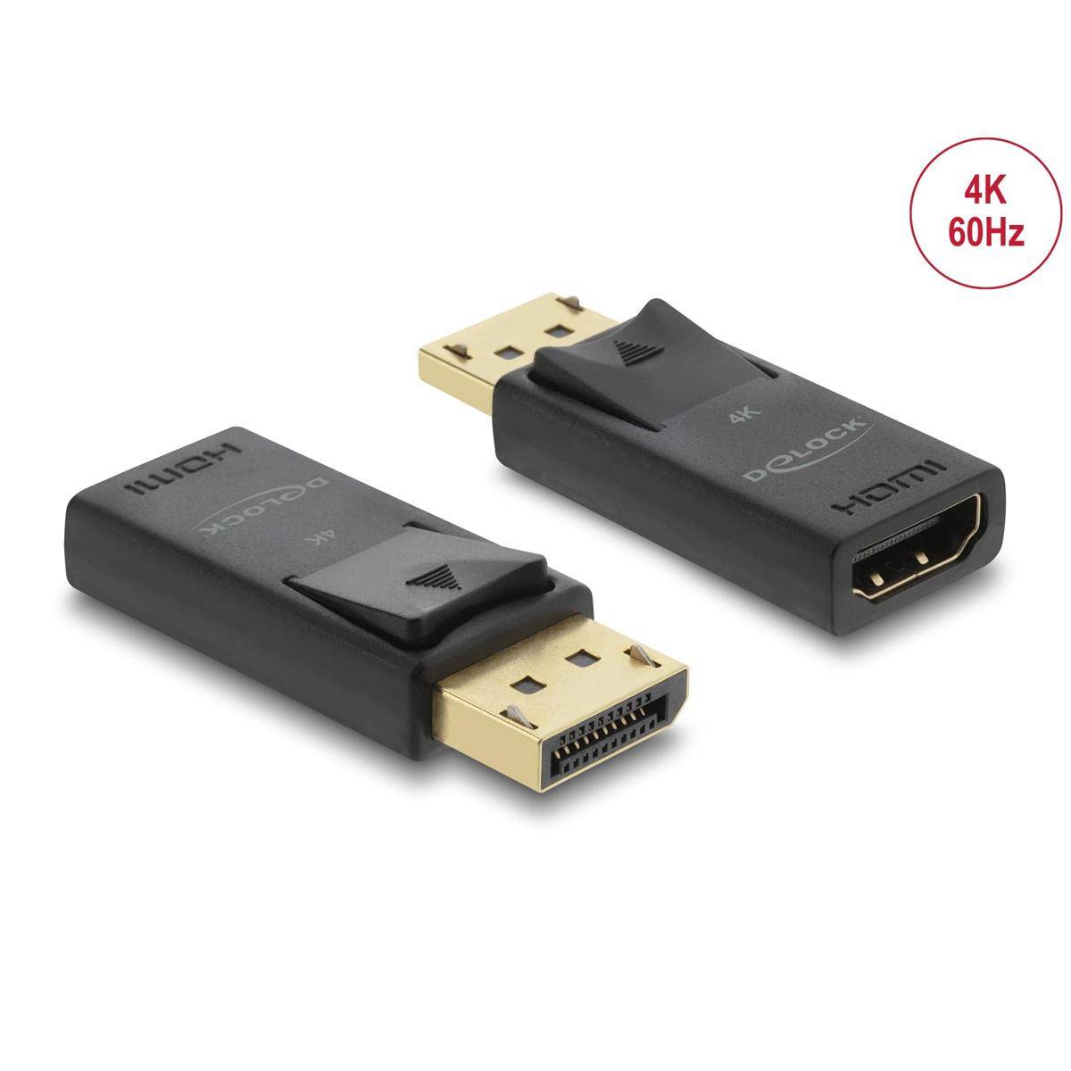 Zwei HDMI-zu-DisplayPort-Adapter für 4K bei 60Hz, aus verschiedenen Winkeln gezeigt. Schwarze Stecker mit vergoldeten Kontakten und AOC-Logo.