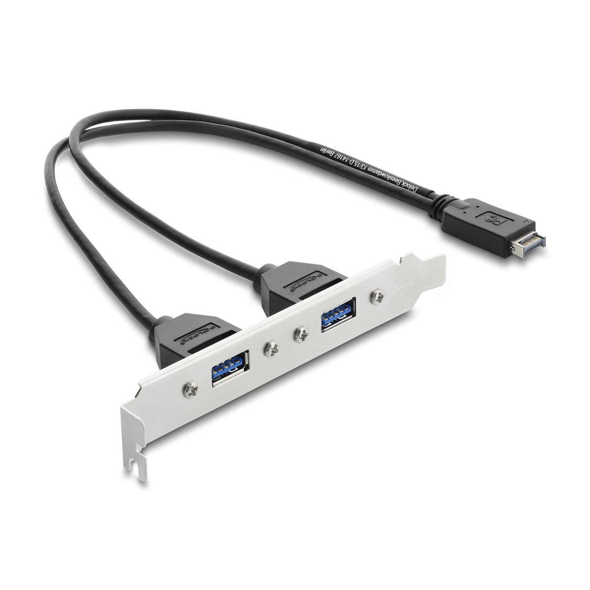 Eine Doppel-USB-3.0-Port-Halterung mit zwei Anschlüssen, die über Kabel an einer PC-Rückplatte befestigt wird. Wird zum Hinzufügen von USB-3.0-Anschlüssen zu Desktop-Computern verwendet.