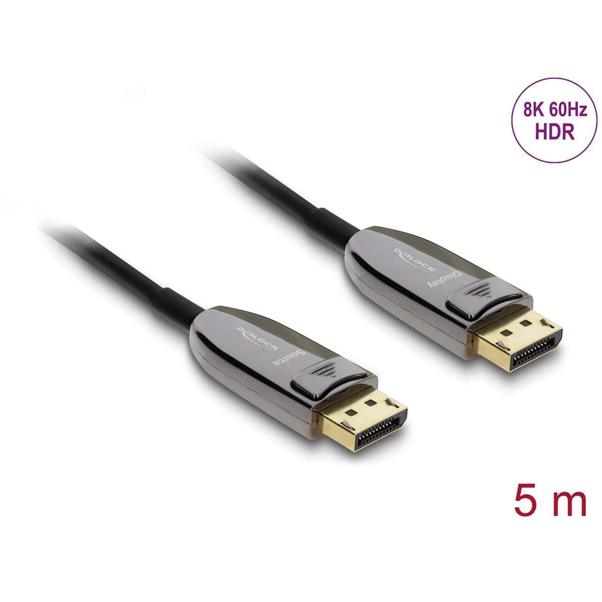 Ein 5-Meter-DisplayPort-Kabel mit 8K-60Hz-HDR-Fähigkeit, mit zwei Anschlüssen auf weißem Hintergrund.