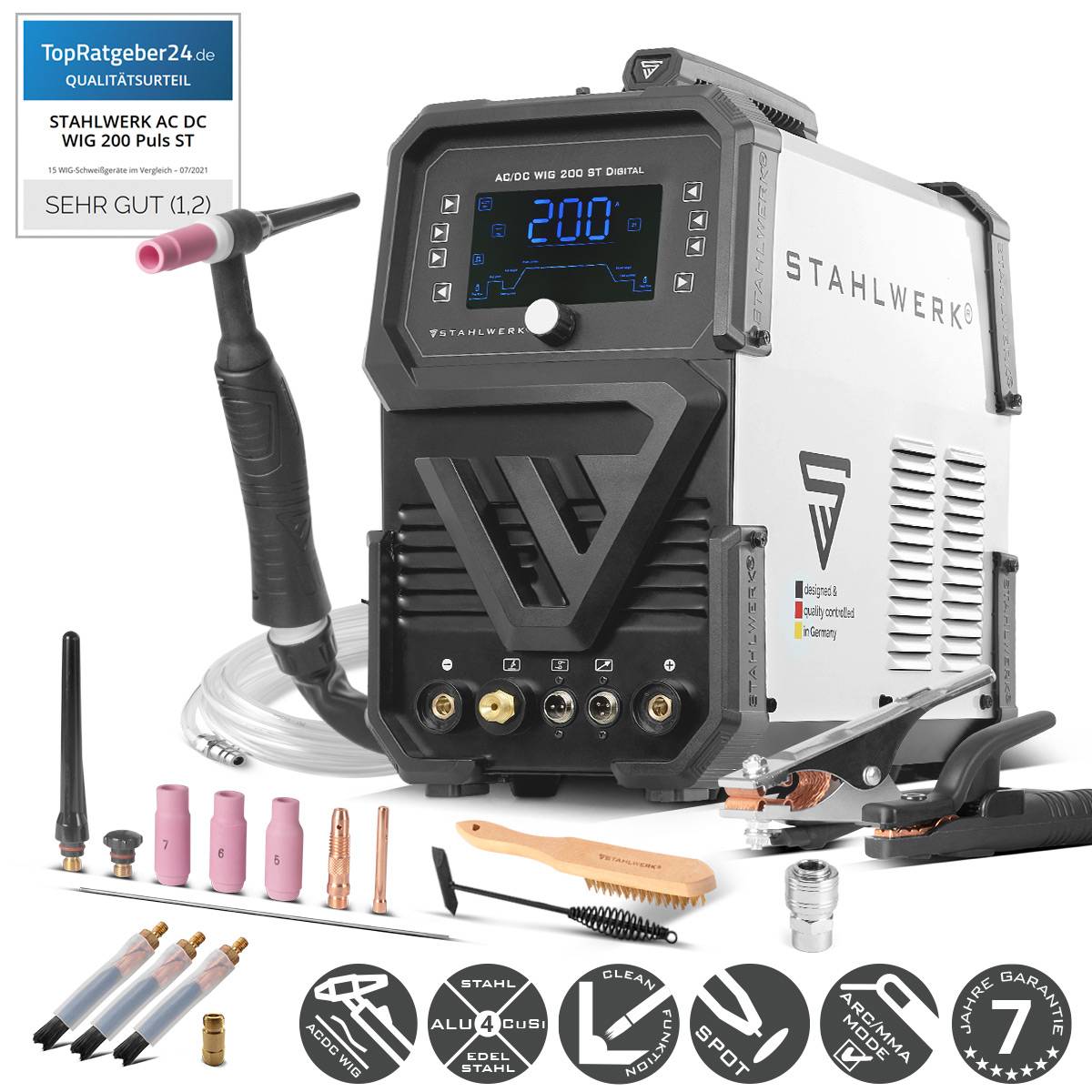 STAHLWERK Schweißgerät 3 in 1 AC/DC WIG 200 ST Digital ARC/MMA Spot