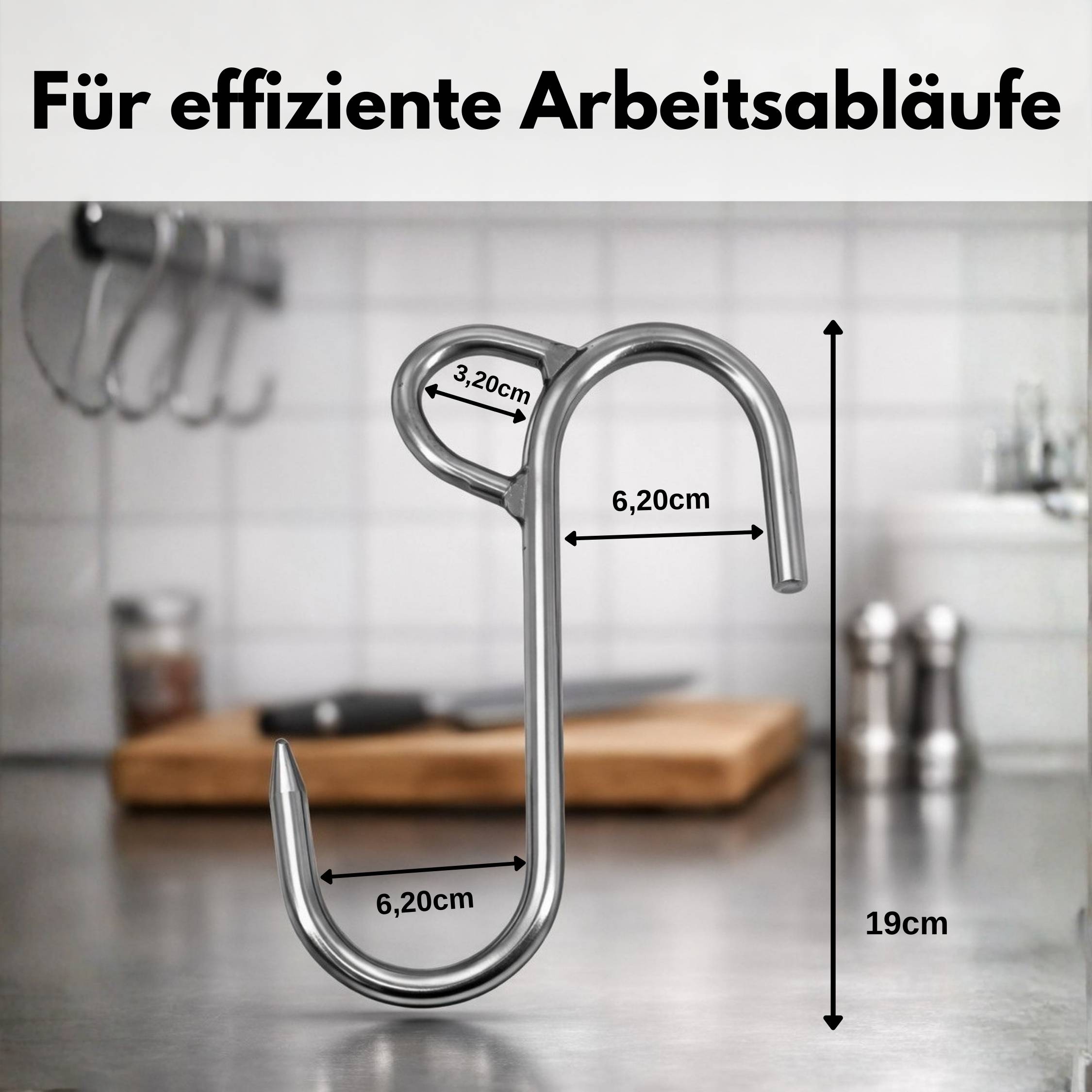 Für effiziente Arbeitsabläufe über einem 19cm S-förmigen Metallhaken mit Abmessungen: 6,20cm Breite, 3,20cm Durchmesser oberer Kreis. Küchenumgebung.