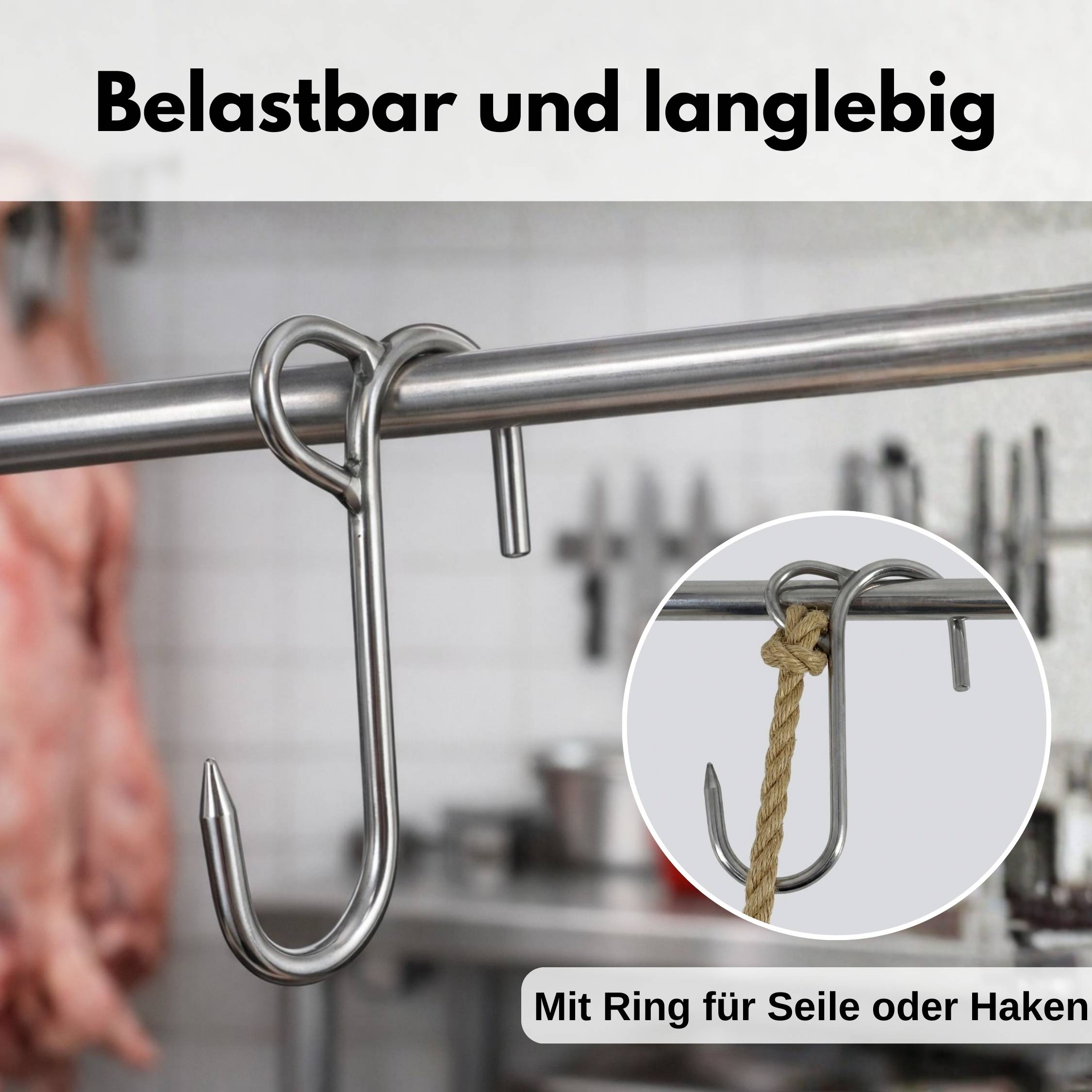 Haken mit Ring für Seile oder Haken an Stange befestigt. Transferierbar und langlebig.