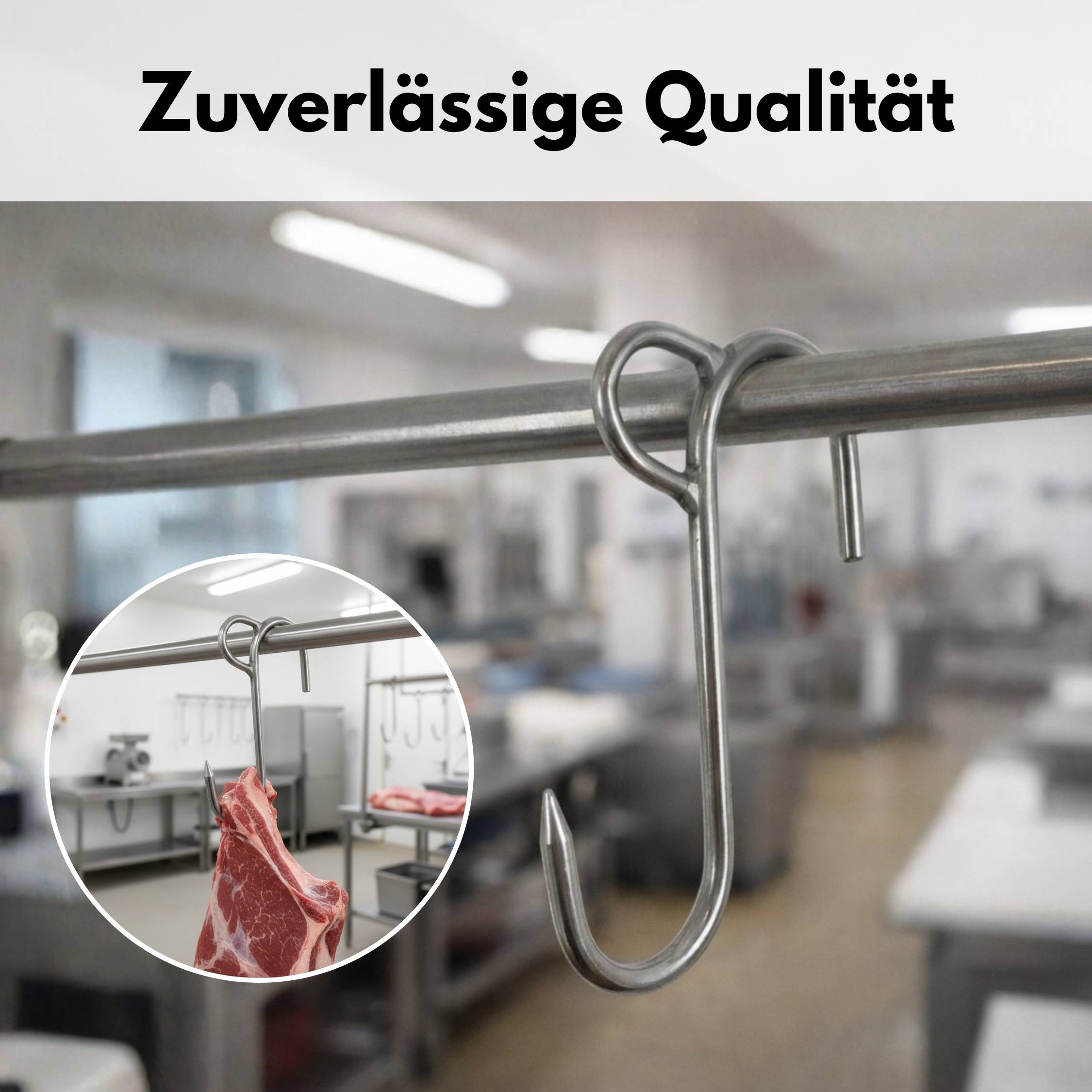 Metallhaken im Fokus mit industriellem Hintergrund. Vergrößerte Einbettung zeigt Haken, der rohes Fleisch hält. Der Text lautet 