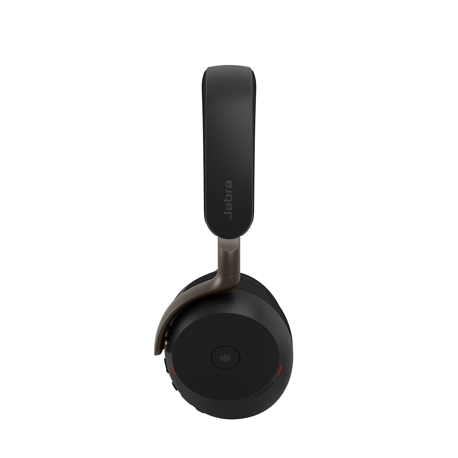 Schwarzes Jabra Over-Ear-Wireless-Headset von vorne gegen einen schwarzen Hintergrund gezeigt.
