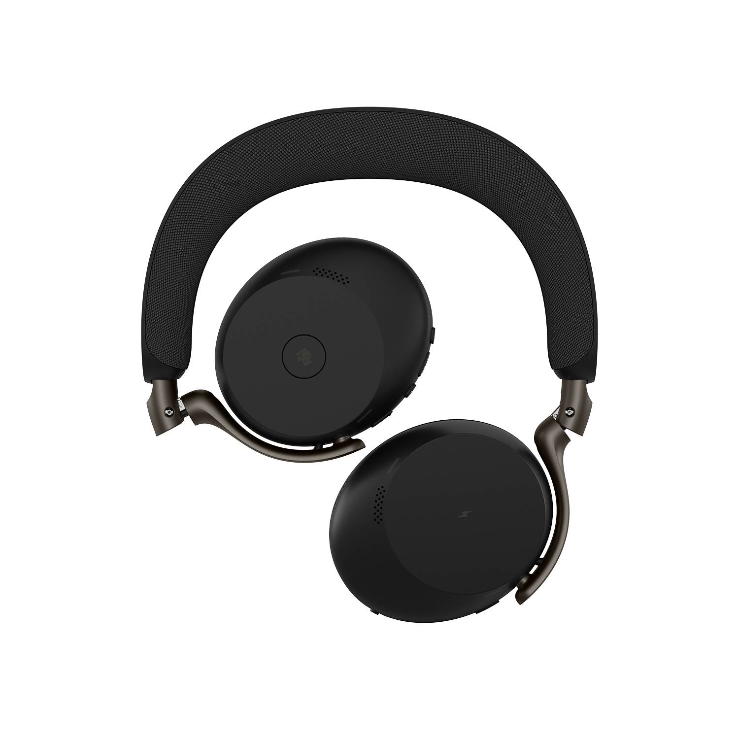 Schwarze Over-Ear-Kopfhörer mit gepolstertem Kopfbügel und runden Ohrmuscheln auf schwarzem Hintergrund.