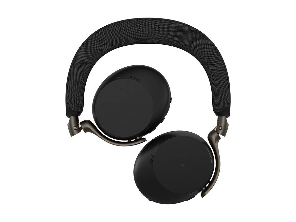 Schwarze Over-Ear-Kopfhörer mit gepolstertem Kopfbügel, Vorderansicht auf weißem Hintergrund.