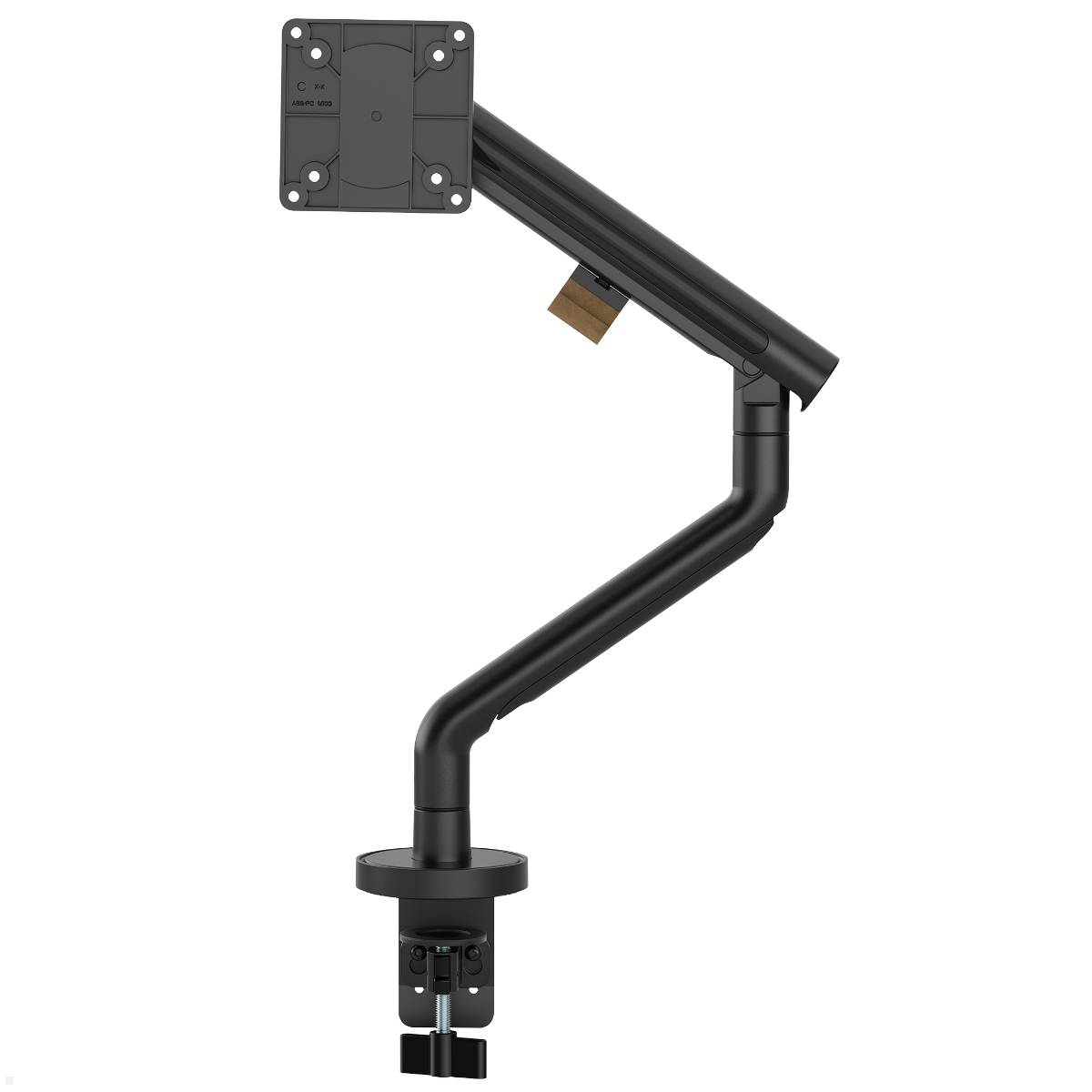 Schwarzer verstellbarer Monitorarm mit Klemmfuß, geeignet zur Schreibtischmontage. Der Arm verfügt über Kipp- und Drehfunktionen für ergonomische Verwendung.