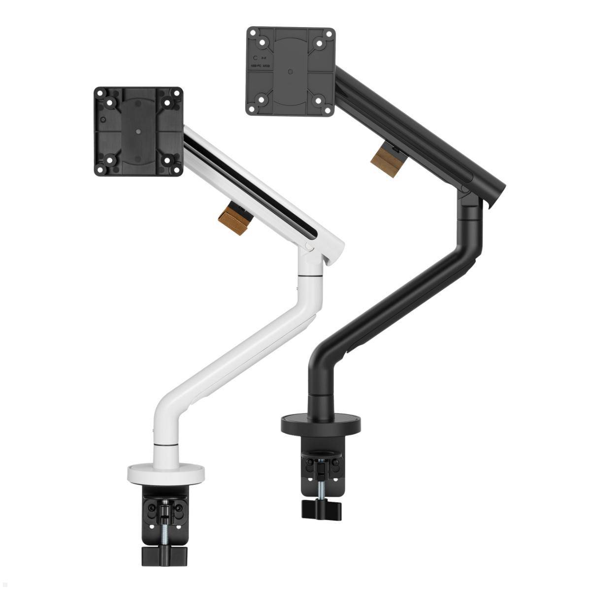 Verstellbare Dual-Monitorarme in Weiß und Schwarz mit Klemmbasen zur Befestigung am Schreibtisch, entwickelt für flexible Bildschirmpositionierung und Ergonomie.