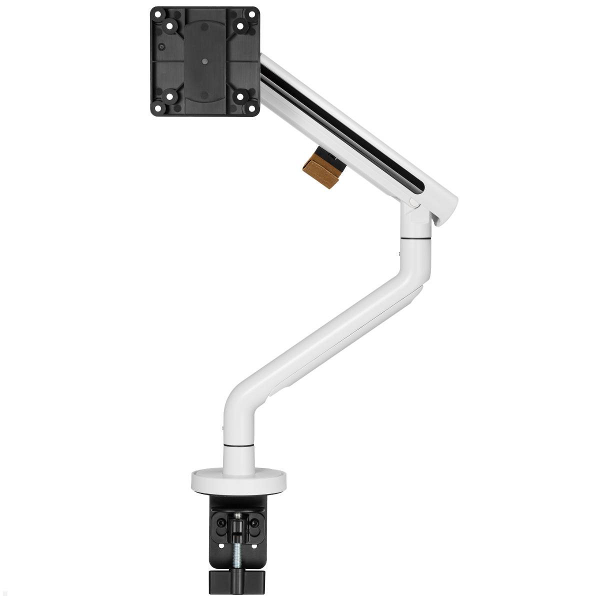 Weißer verstellbarer Monitorarm mit Schelle zur Tischbefestigung, mit Schwenkfunktion, Höhenverstellung und Kabelmanagement-Funktionen.