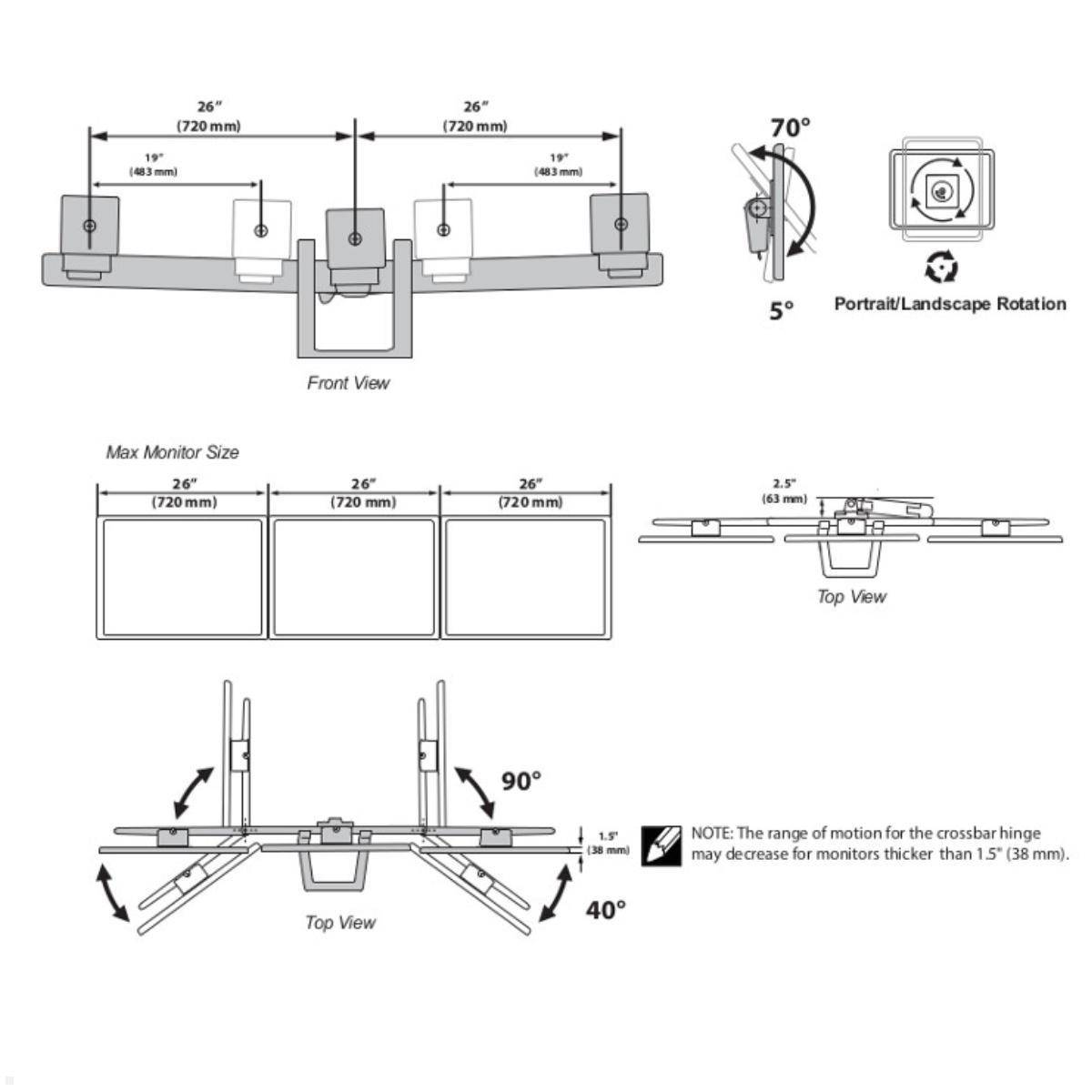 „Diagramm eines Dreifach-Monitorständers mit Abmessungen: 26