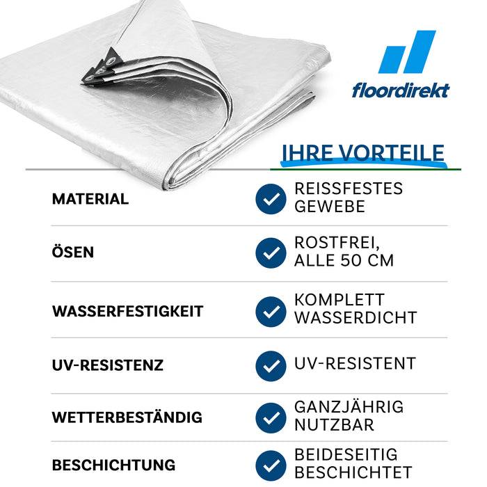 Eine gefaltete silberne Plane mit dem Logo „Floordirekt