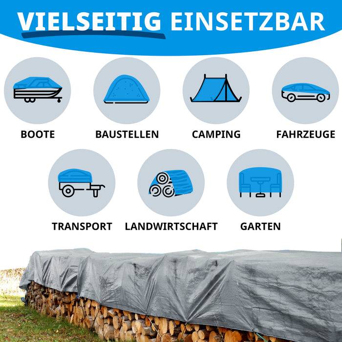 Das Bild zeigt eine Plane, die einen Stapel Brennholz bedeckt, mit Symbolen, die ihre Verwendung für Boote, Bauwesen, Camping, Fahrzeuge, Transport, Landwirtschaft und Gartenarbeit veranschaulichen.