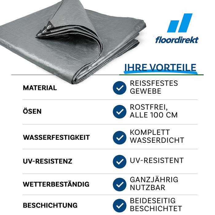 Silberne Plane mit folgenden Eigenschaften: reißfestes Gewebe, 100 cm Ösen, wasserdicht, UV-beständig, ganzjährige Verwendung, beidseitige Beschichtung.