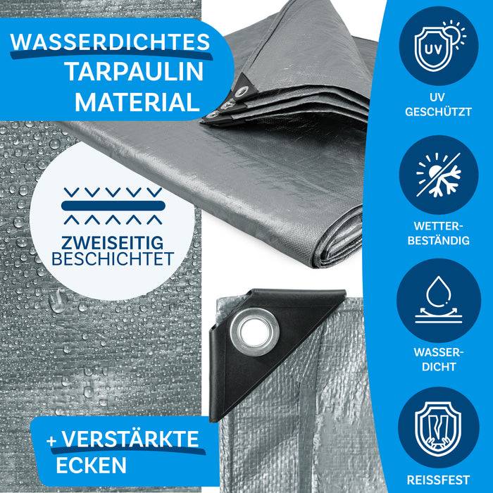 Wasserdichtes Abdeckmaterial mit folgenden Eigenschaften: UV-Schutz, witterungsbeständig, wasserdicht, reißfest, beidseitig beschichtet, verstärkte Ecken.