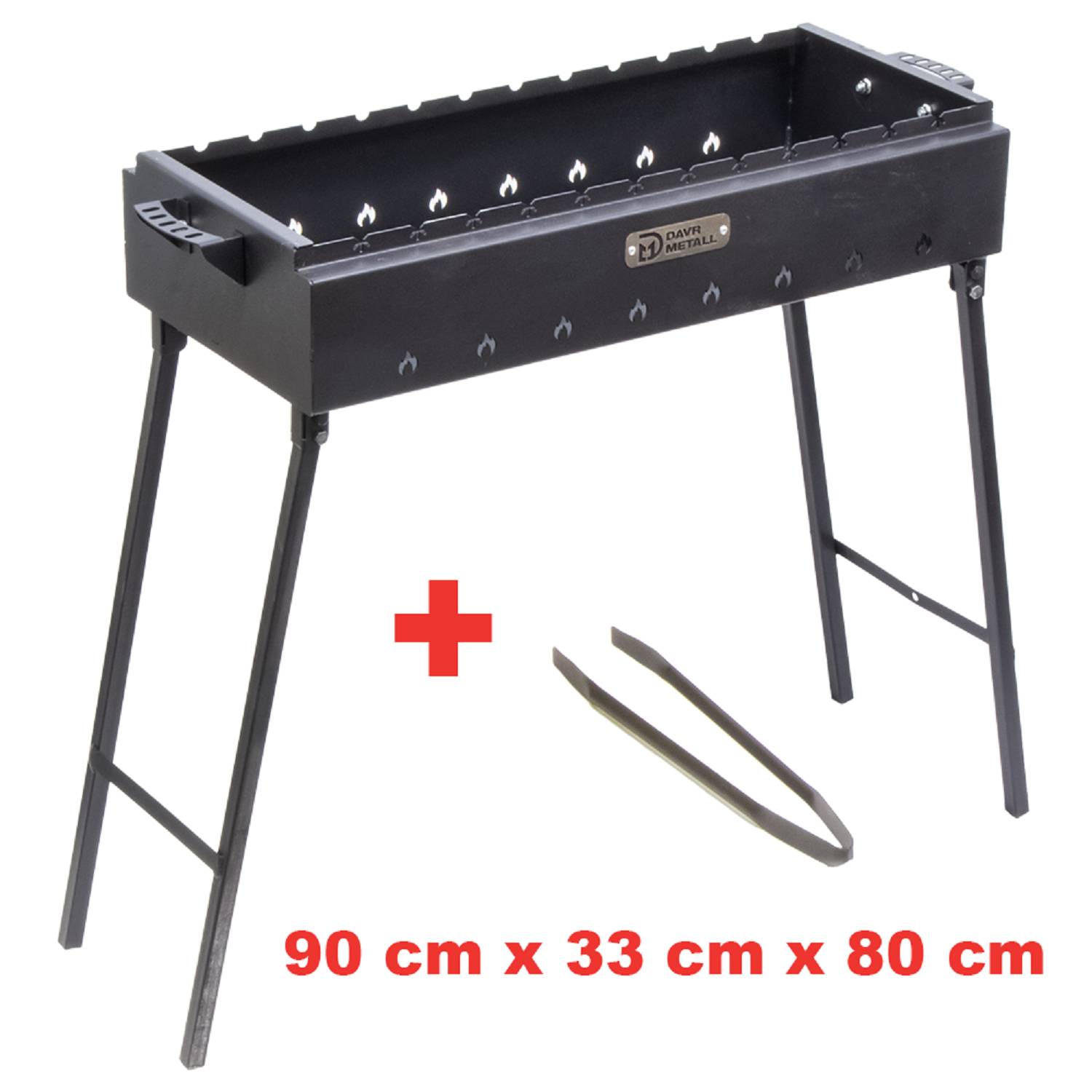 Metallgrill mit Holzkohle und Ständer, rechteckige Form. Beinhaltet ein Paar Grillzangen. Abmessungen: 90 cm x 33 cm x 80 cm.