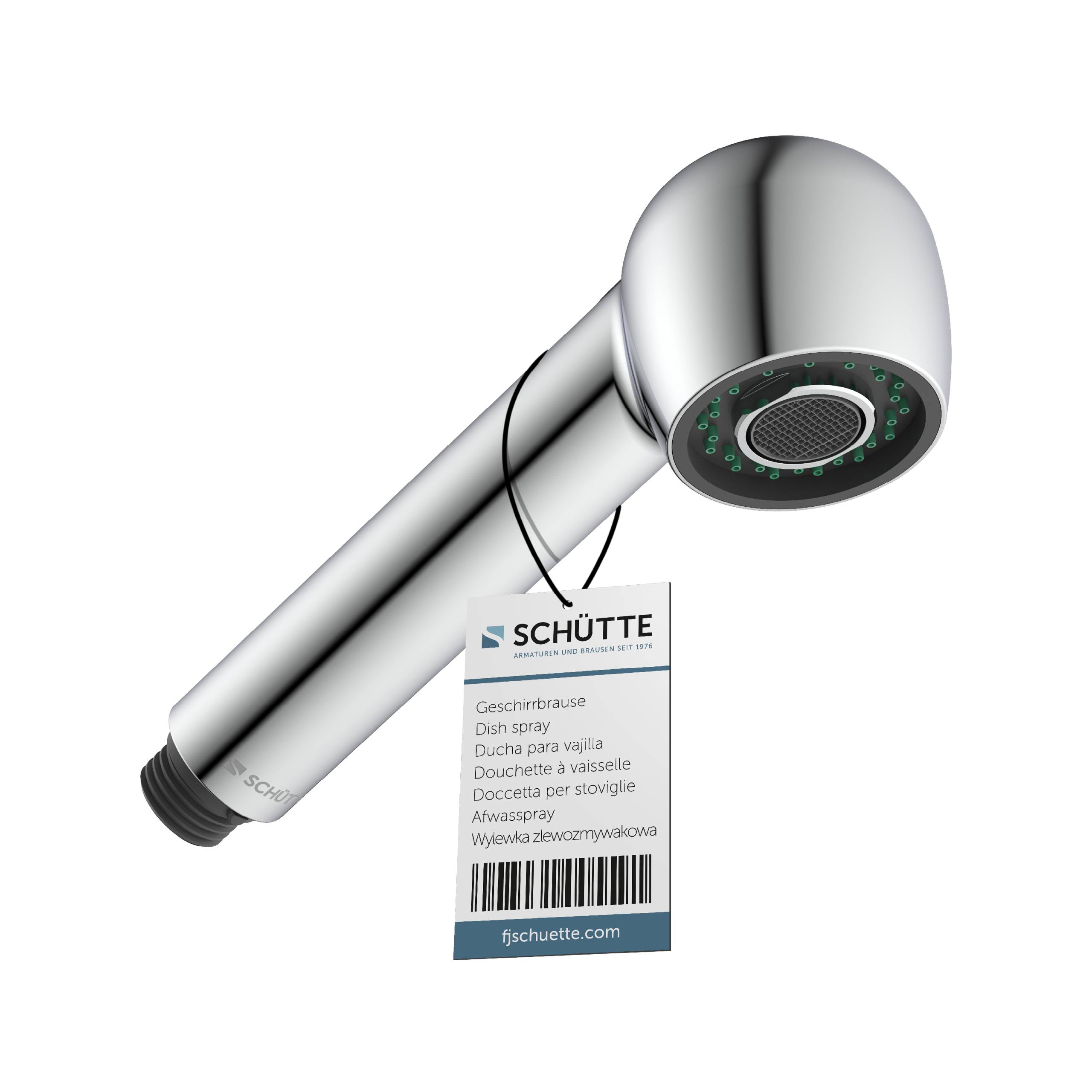 Ein verchromtes, tragbares Geschirrspülaufsatz mit einem Schütte-Markenetikett, das mehrsprachige Beschreibungen und eine Website-URL anzeigt.