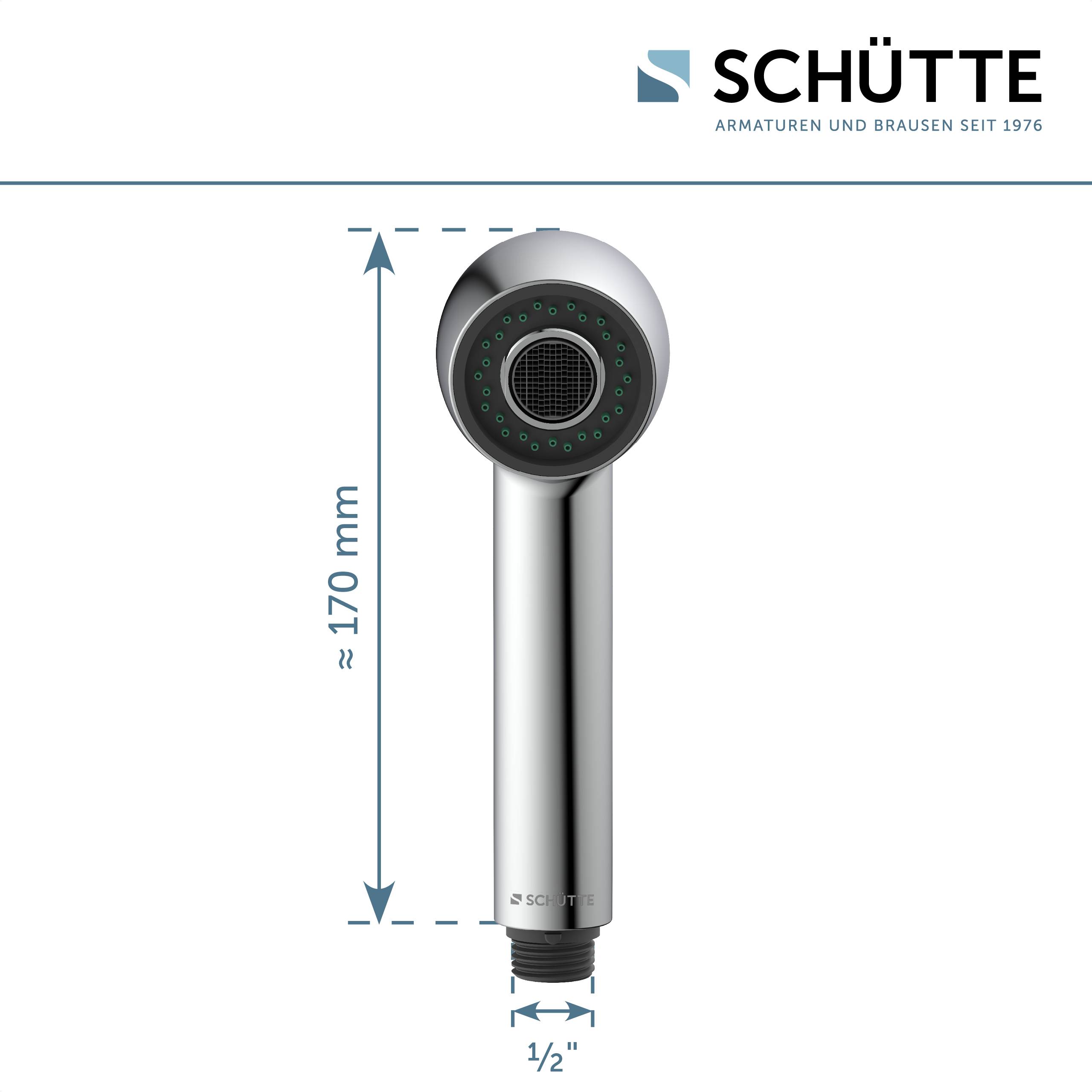 Chromé Duschkopf mit Abmessungen: Höhe 170 mm, Breite 1/2 Zoll. Markenlogo „SCHÜTTE - Armaturen und Brausen seit 1976
