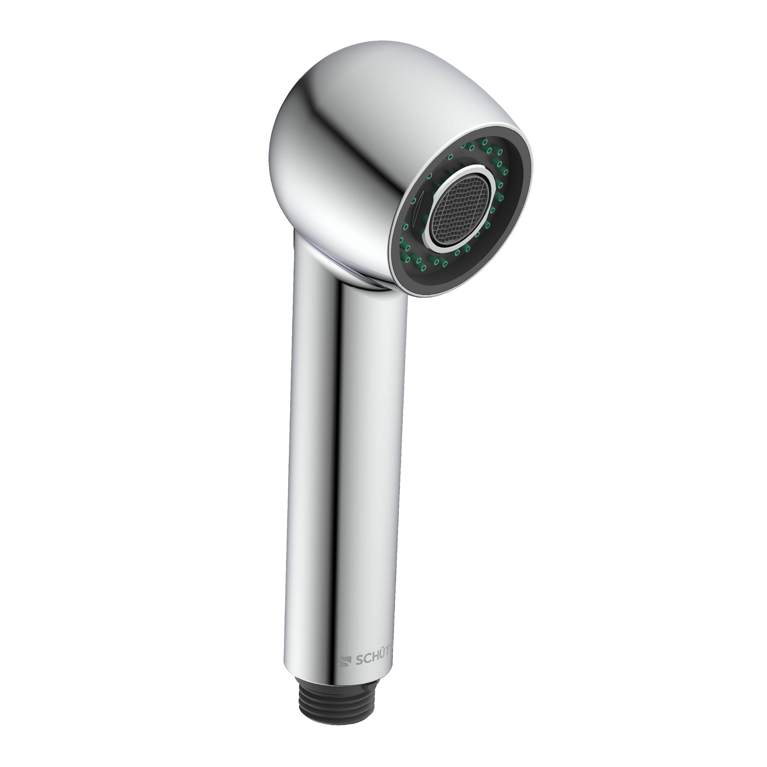 Ein Chromküchenhahn-Sprühkopf mit rundem Kopf und grünen Wasserflussindikatoren rund um die Sprühöffnung.