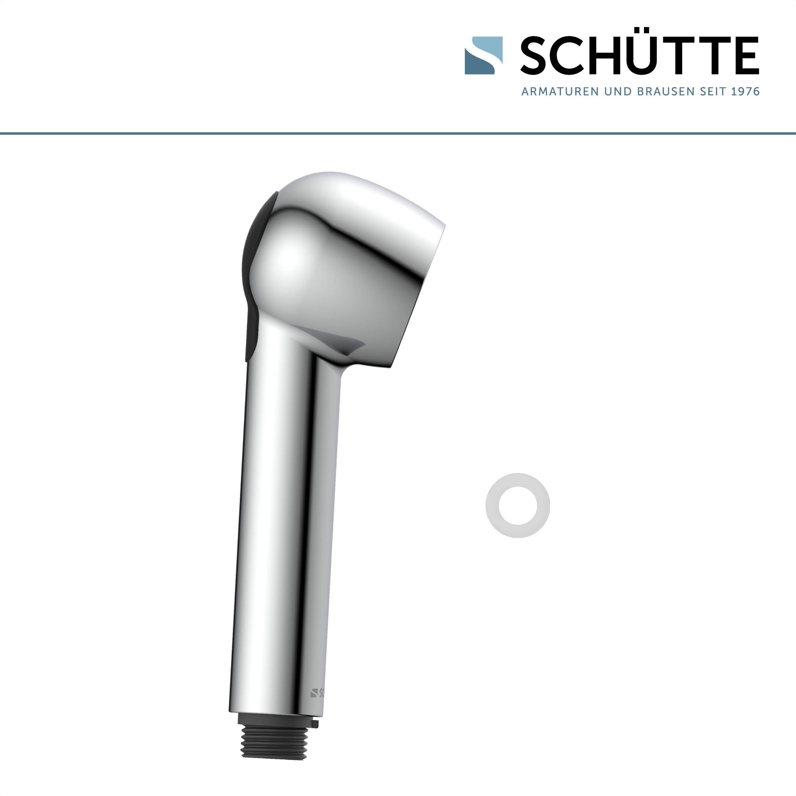 Glänzender verchromter Handbrausekopf vor weißem Hintergrund mit Markenlogo und Text „SCHÜTTE Armaturen und Brausen Seit 1976