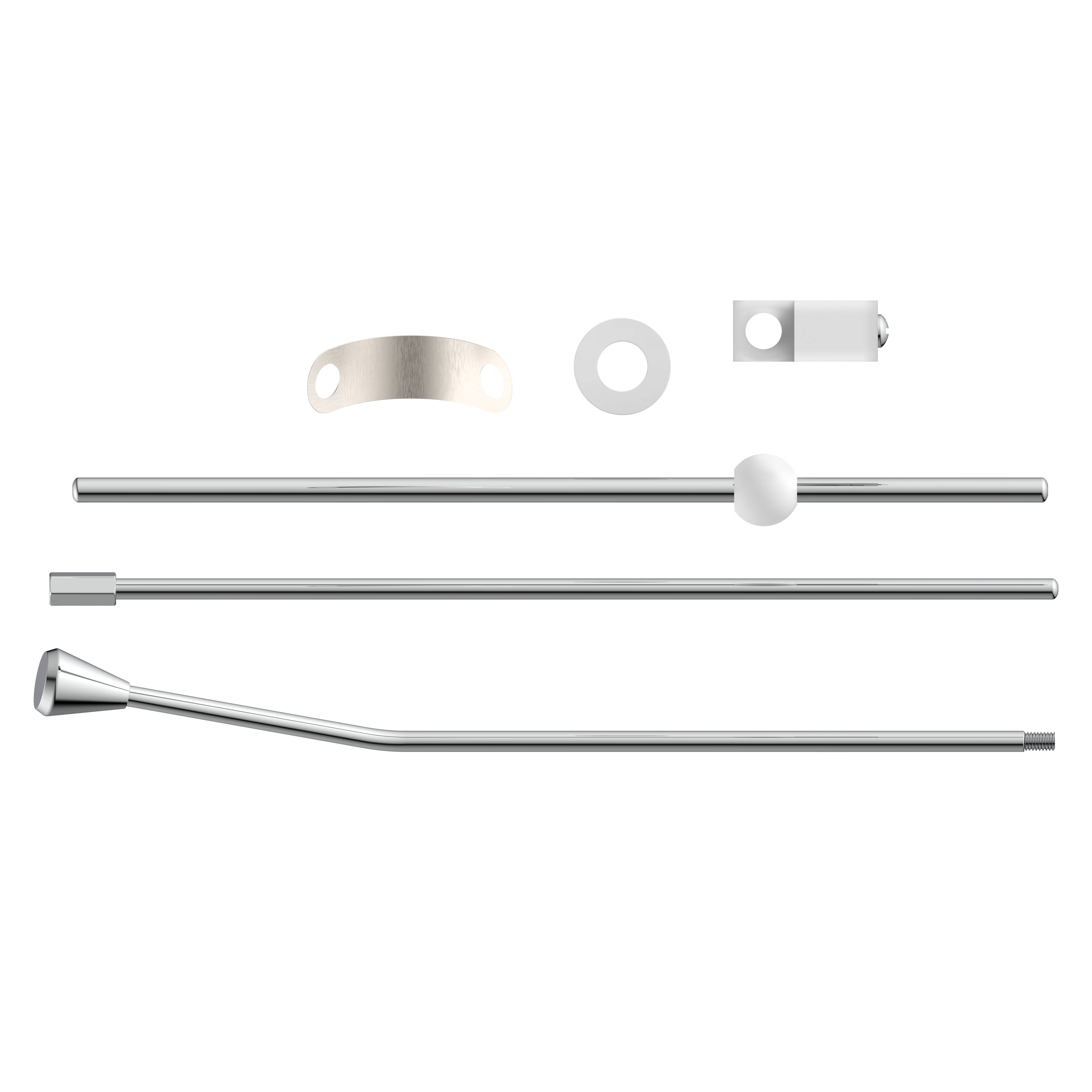 Neun Metallkomponenten auf schwarzem Hintergrund angeordnet, darunter Stangen und kreisförmige Elemente, vermutlich Teile eines Bausatzes.