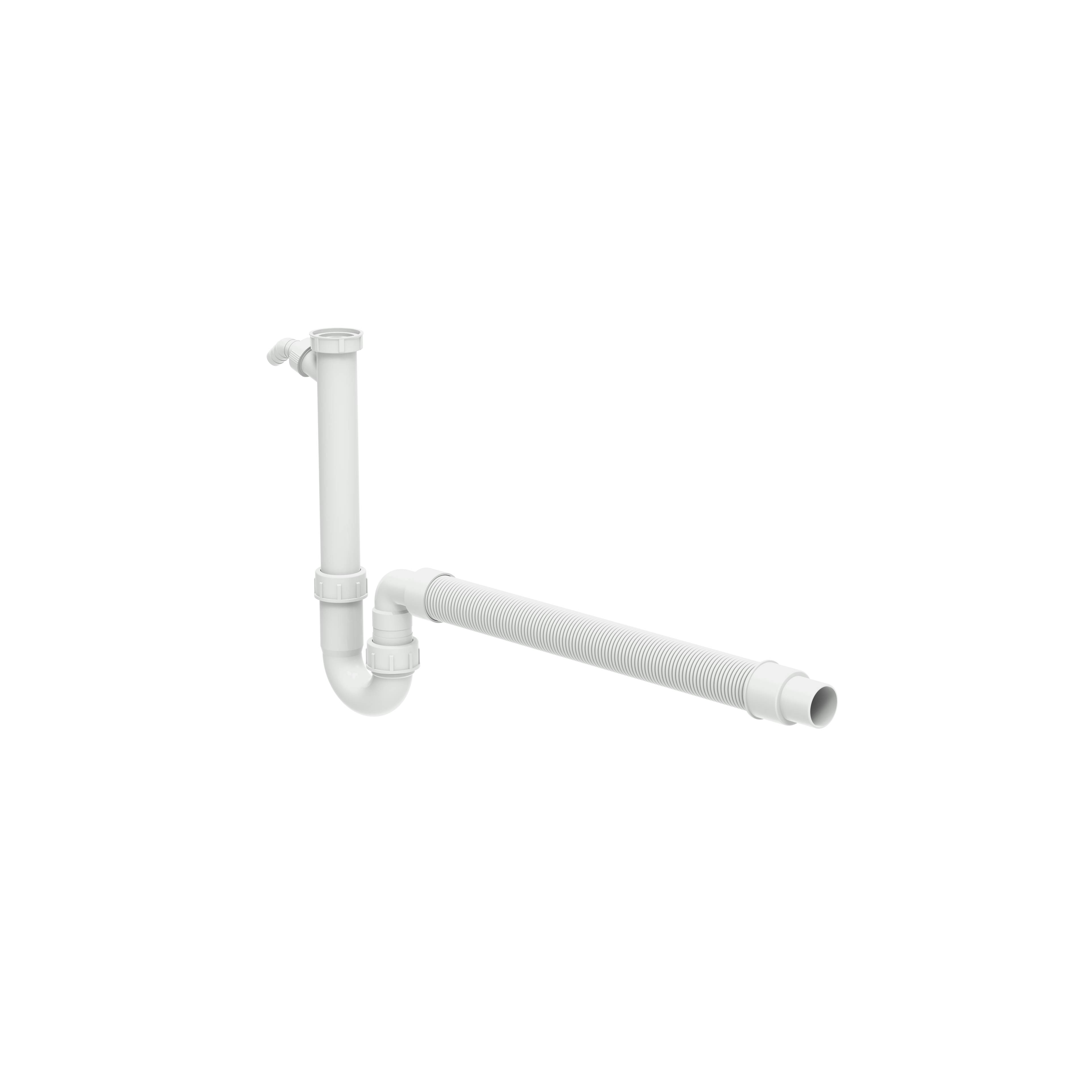 Ein weißes Sanitärrohr mit mehreren Verbindungsstücken und einem verlängerten horizontalen Abschnitt, vor einem schwarzen Hintergrund.