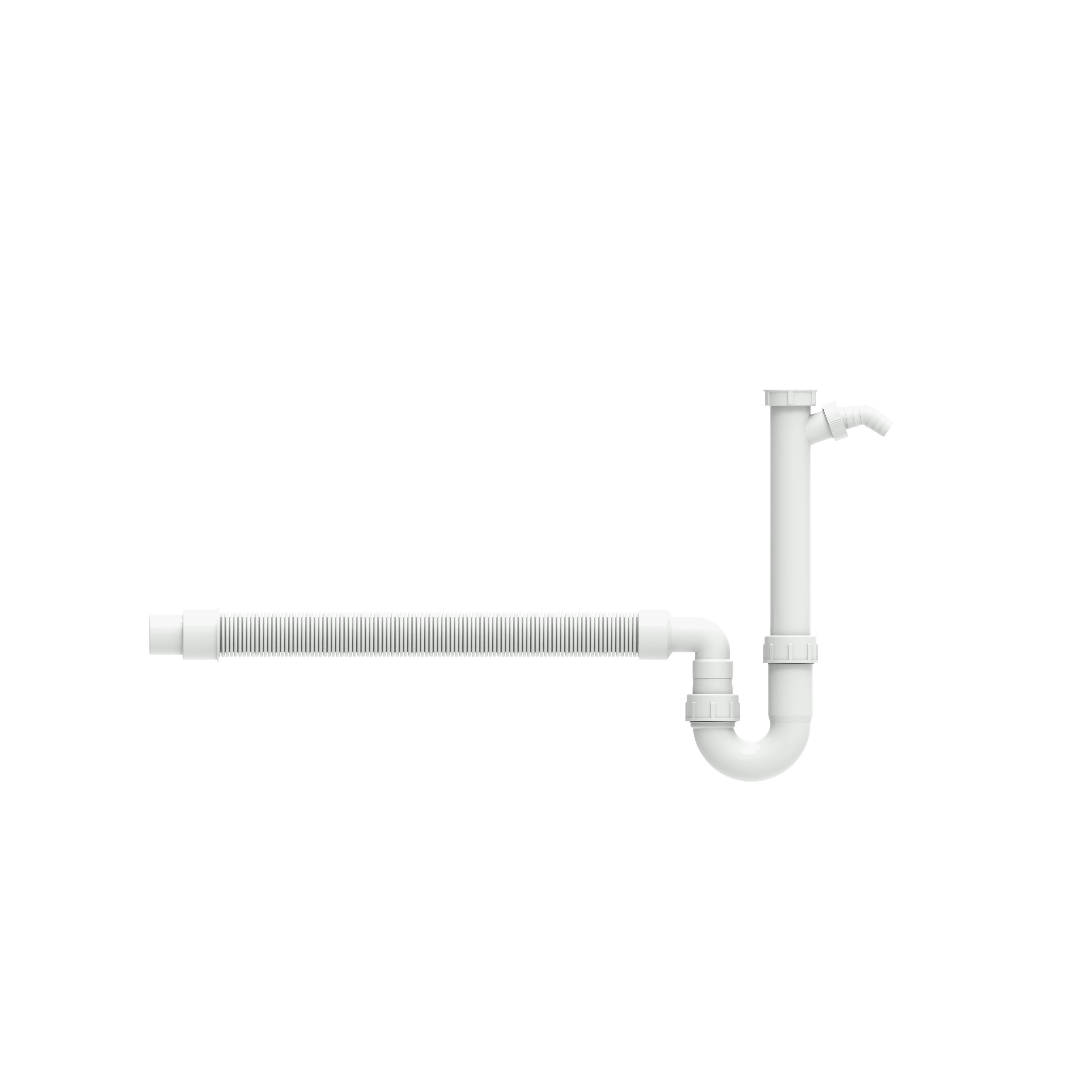 Ein weißes flexibles Spülbeckenablaufrohr mit einem P-Siphon und einem vertikalen Segment, das zu einem Abflussauslass führt.