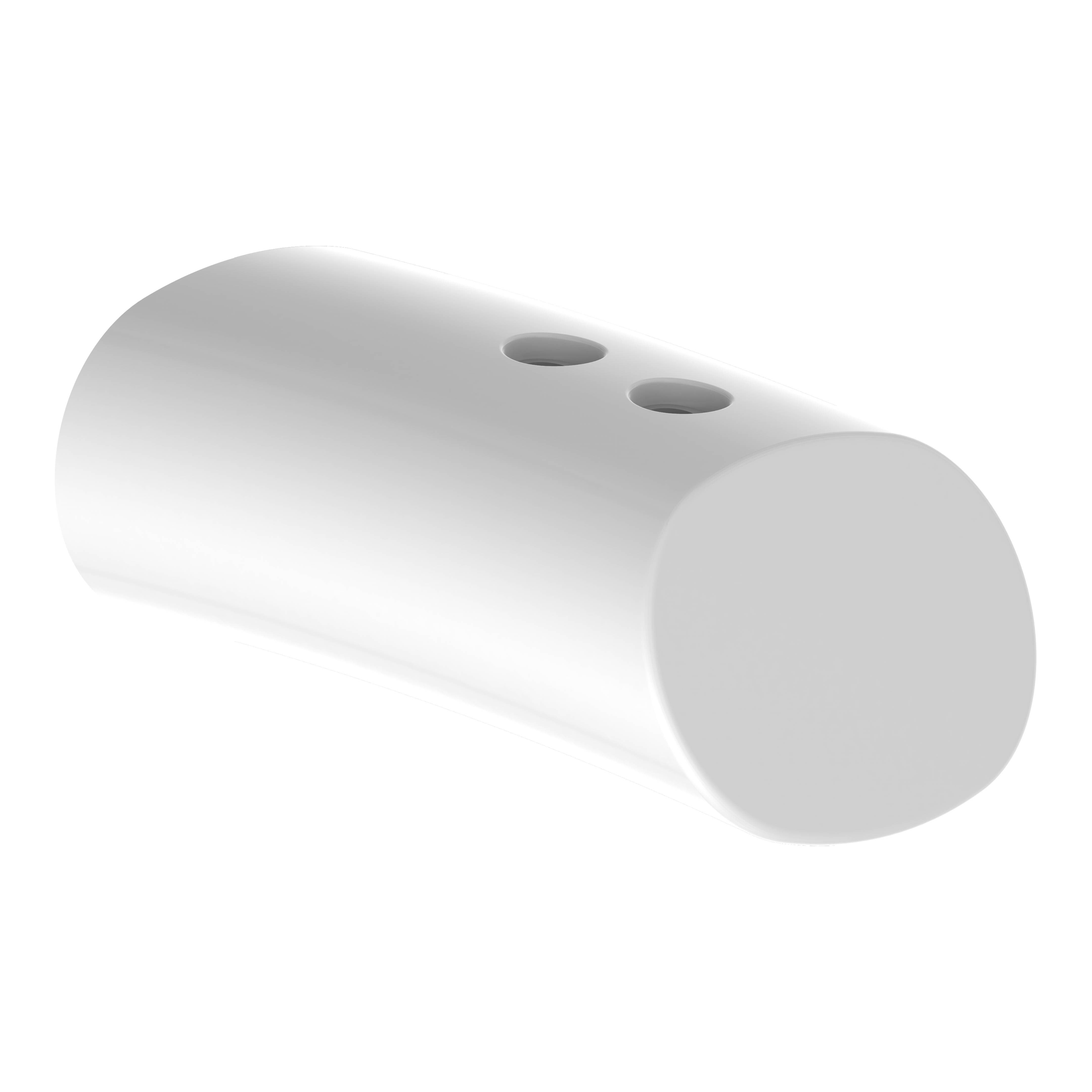 Ein weißes, zylindrisches Objekt mit glatter Oberfläche und zwei kleinen Löchern auf der Oberseite, vor schwarzem Hintergrund dargestellt.