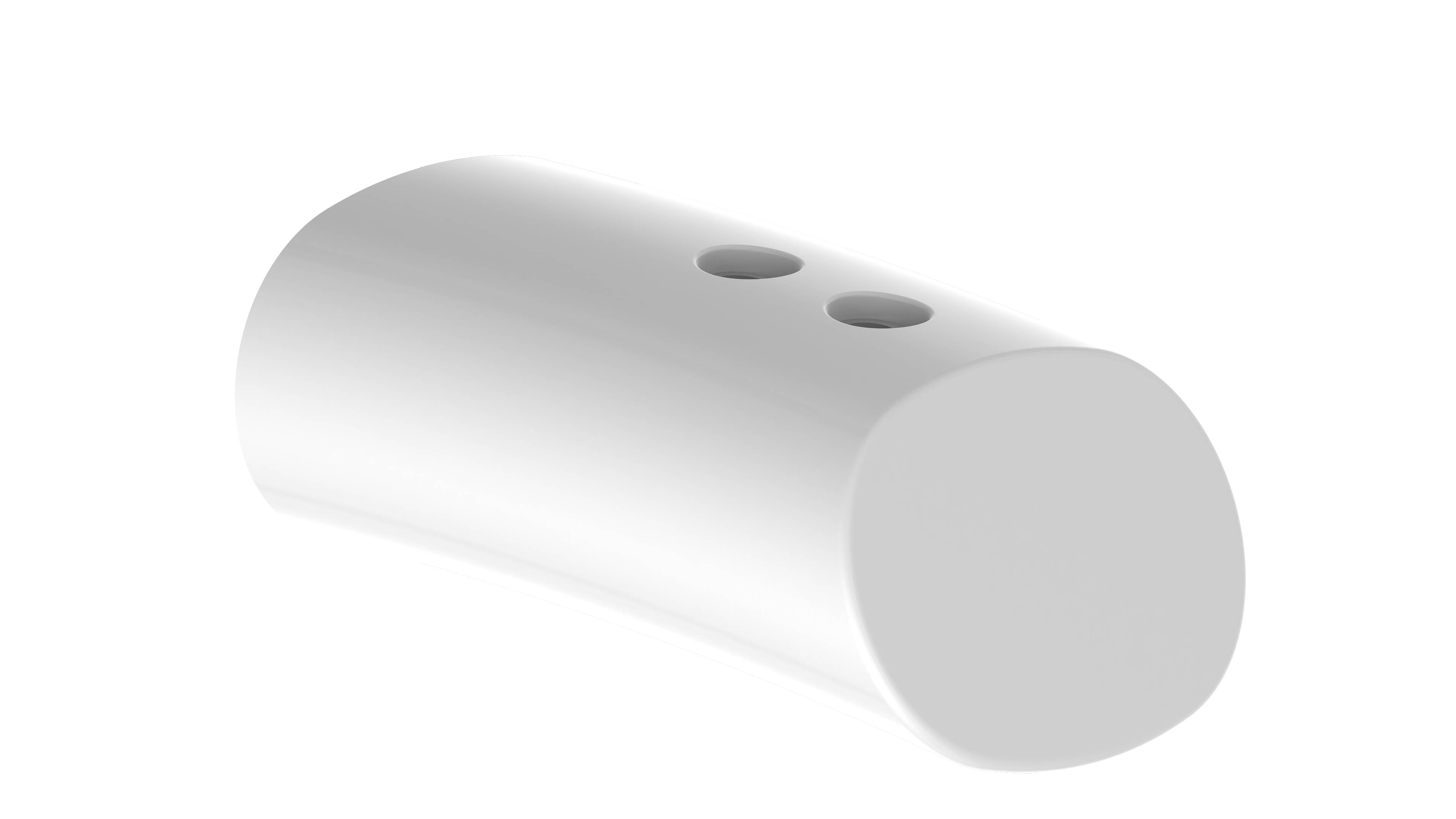 Ein weißes zylindrisches Objekt mit zwei kleinen Löchern vor schwarzem Hintergrund. Der Zweck oder die Funktion des Objekts ist unklar.