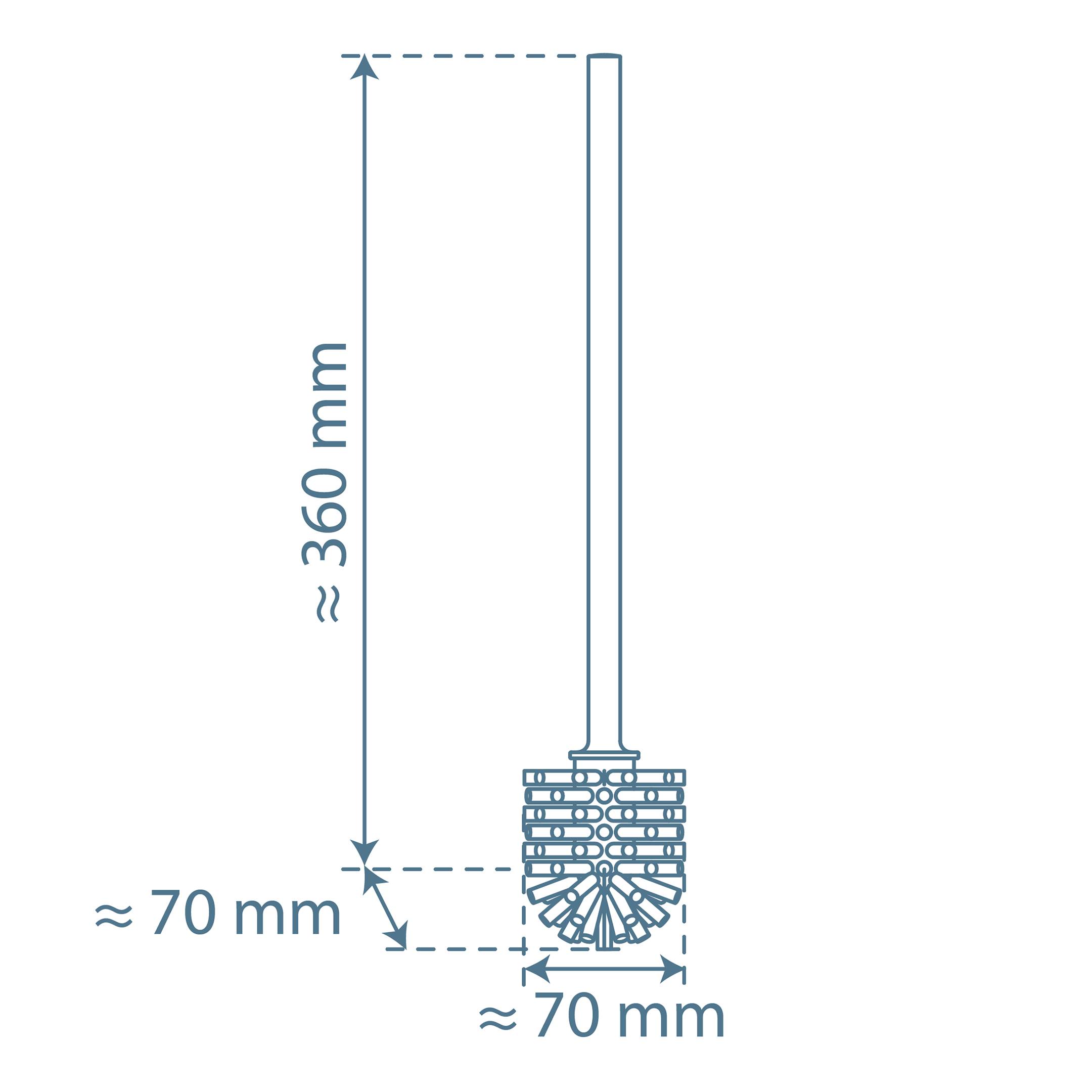 Technische Zeichnung einer Toilettenbürste mit ungefähren Abmessungen: 360 mm Höhe und 70 mm Breite am Bürstenkopf und an der Basis.