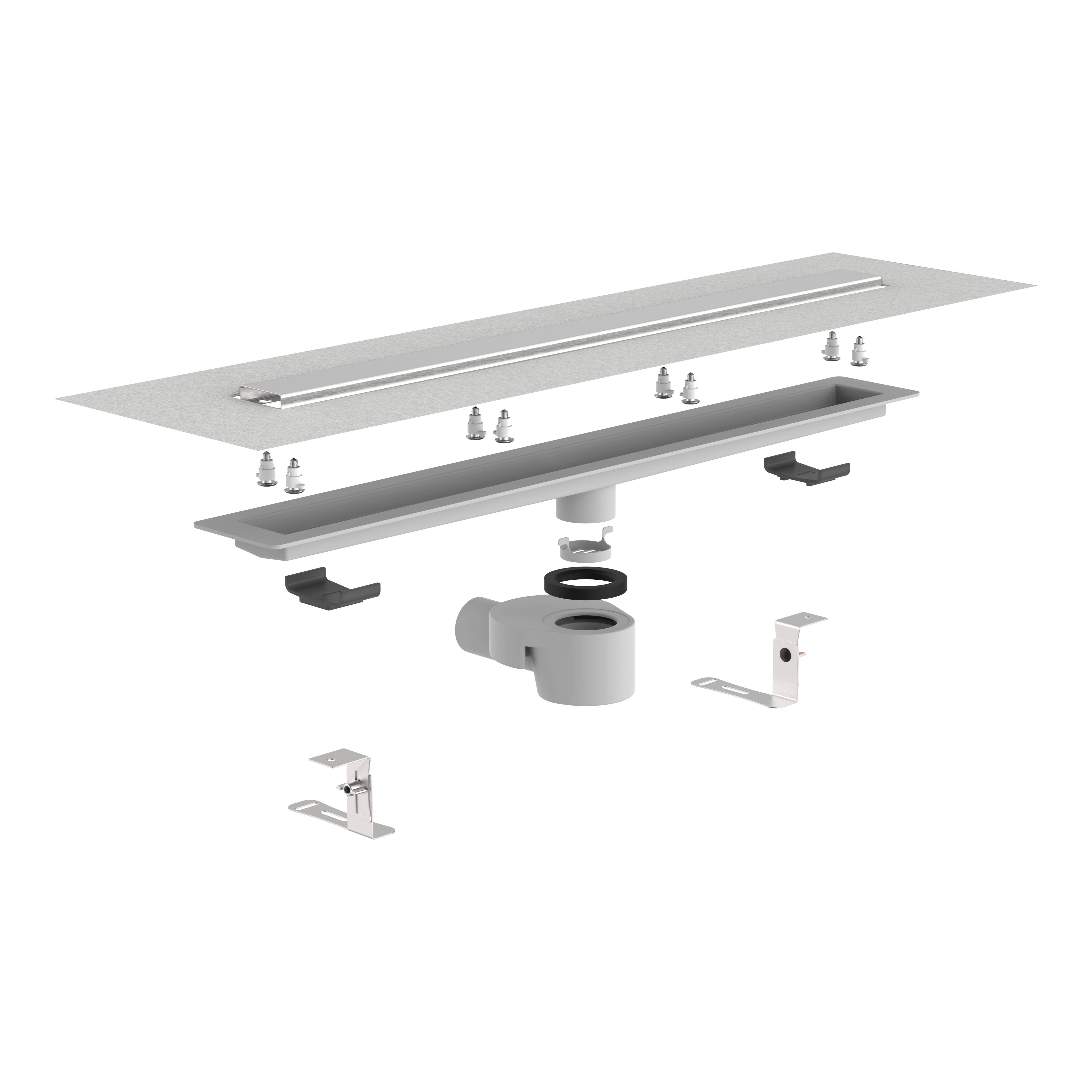 Explosionsdarstellung einer rechteckigen Ablaufanlage auf schwarzem Hintergrund mit Teilen einschließlich eines Rostes, Bolzen und Grundkomponenten.