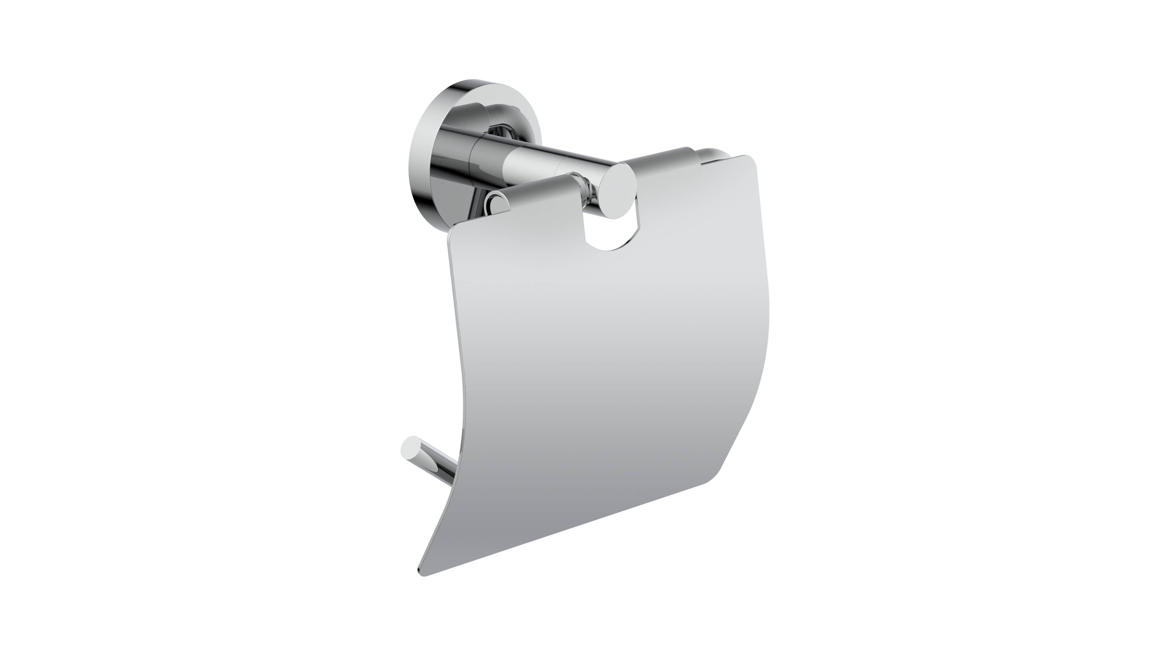 Ein silberner Toilettenpapierhalter ist an einer schwarzen Wand angebracht.