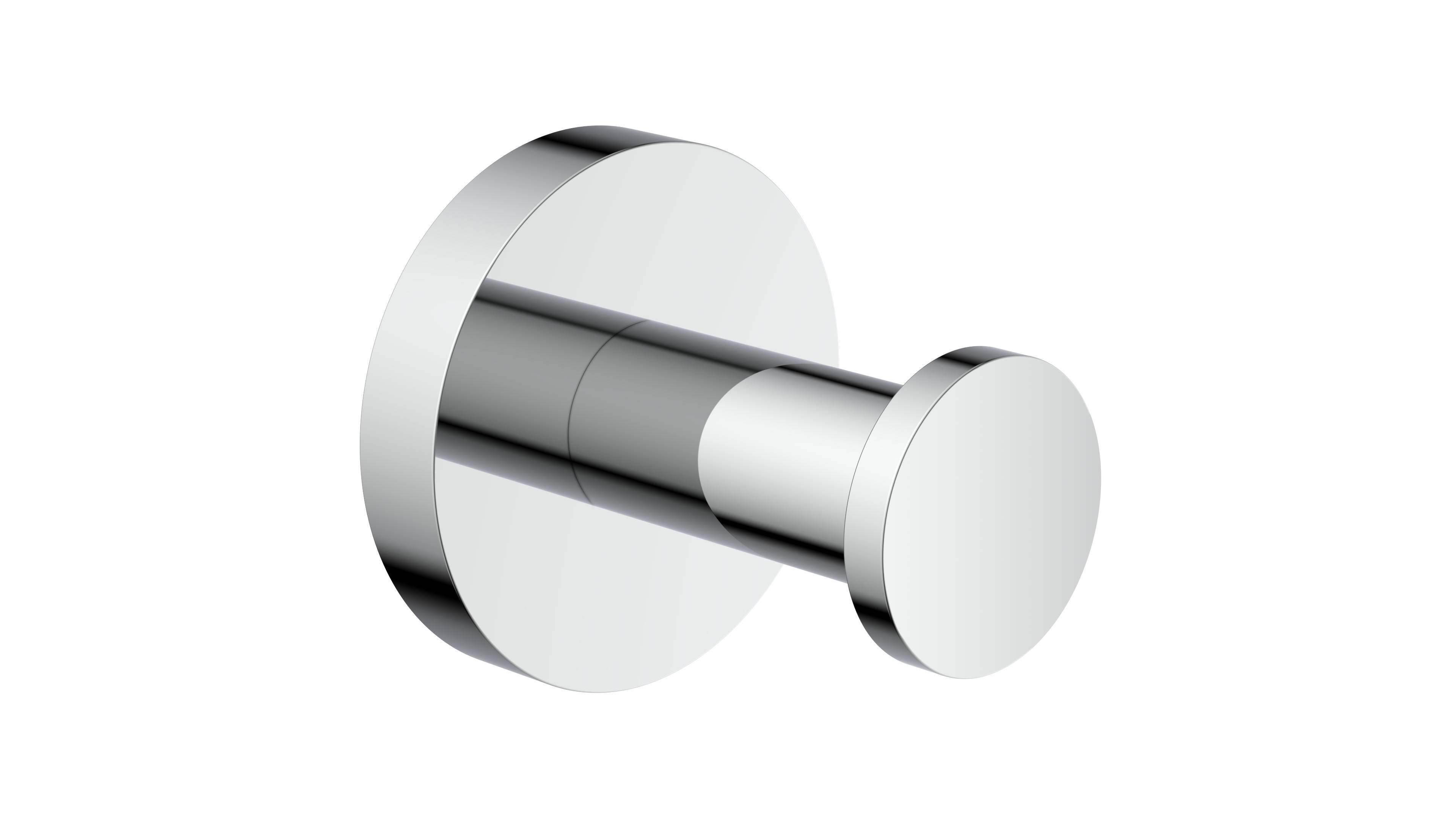 Ein polierter verchromter Wandhaken mit modernem, zylindrischem Design vor schwarzem Hintergrund.