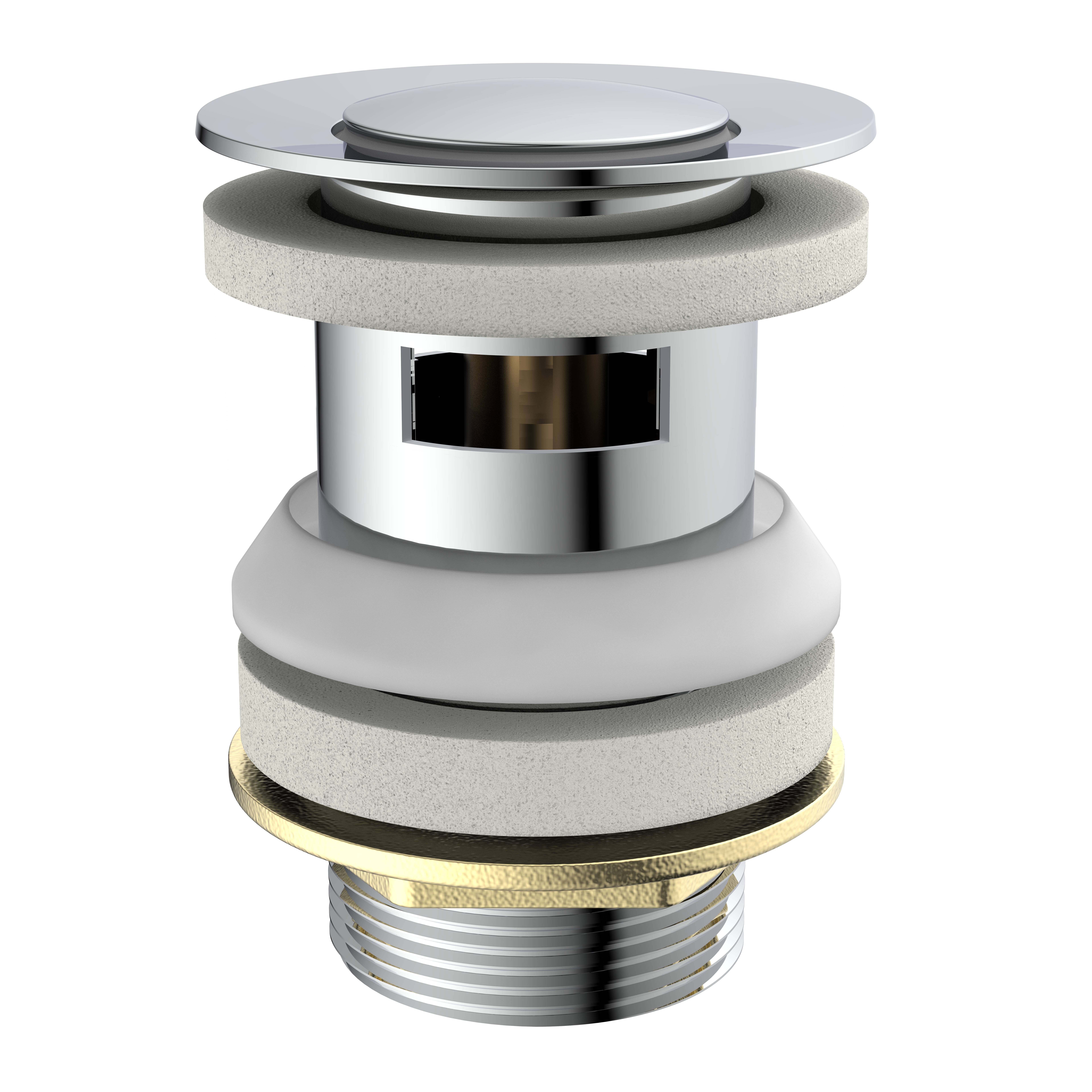 Ein chromierter Druckknopf-Spülstöpsel mit Gummidichtung und Messinggewinde, entwickelt zum effizienten Wasserablauf.