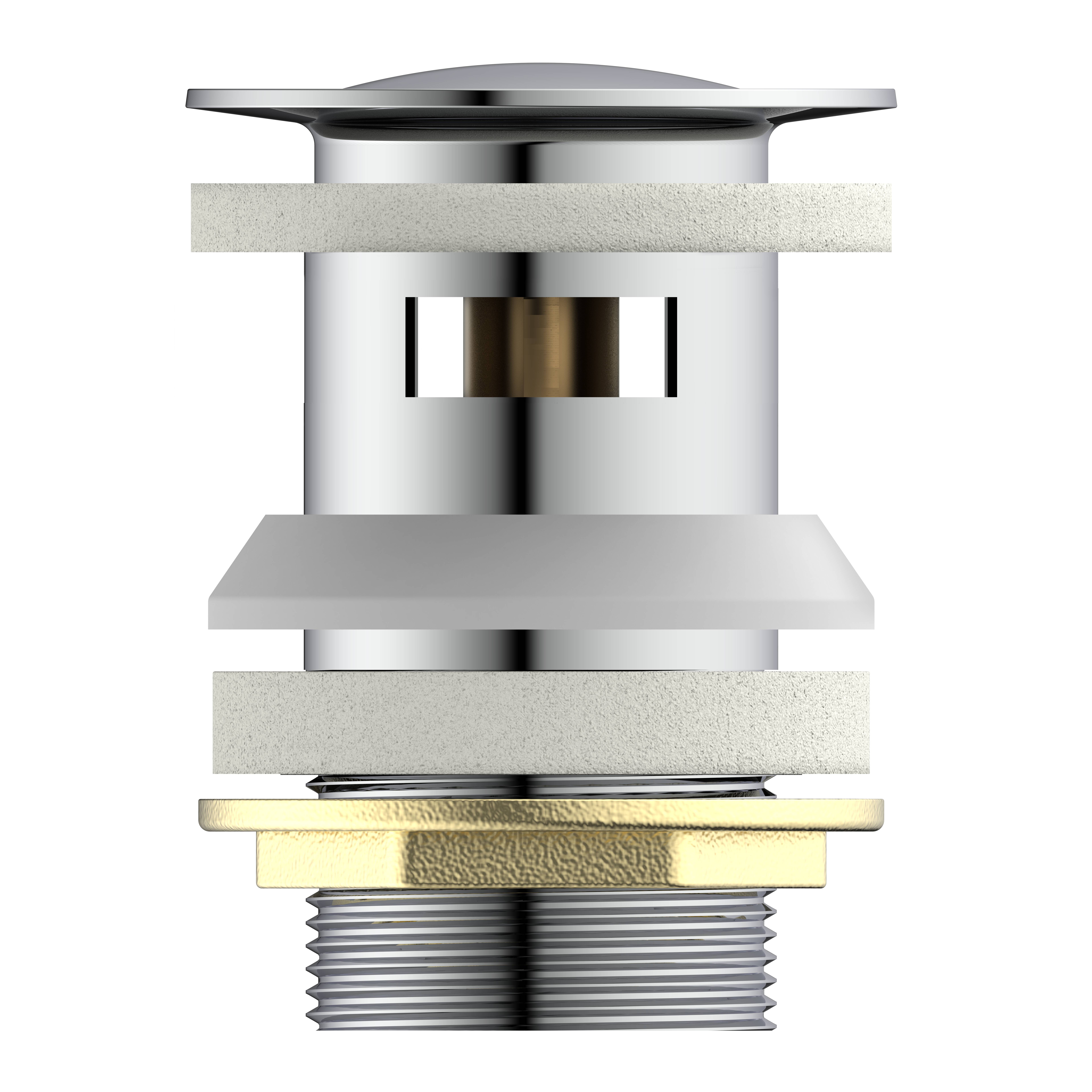 Ein verchromter Waschbeckenstöpsel mit zylindrischem Design und Messinggewinde, vor einem schwarzen Hintergrund dargestellt.