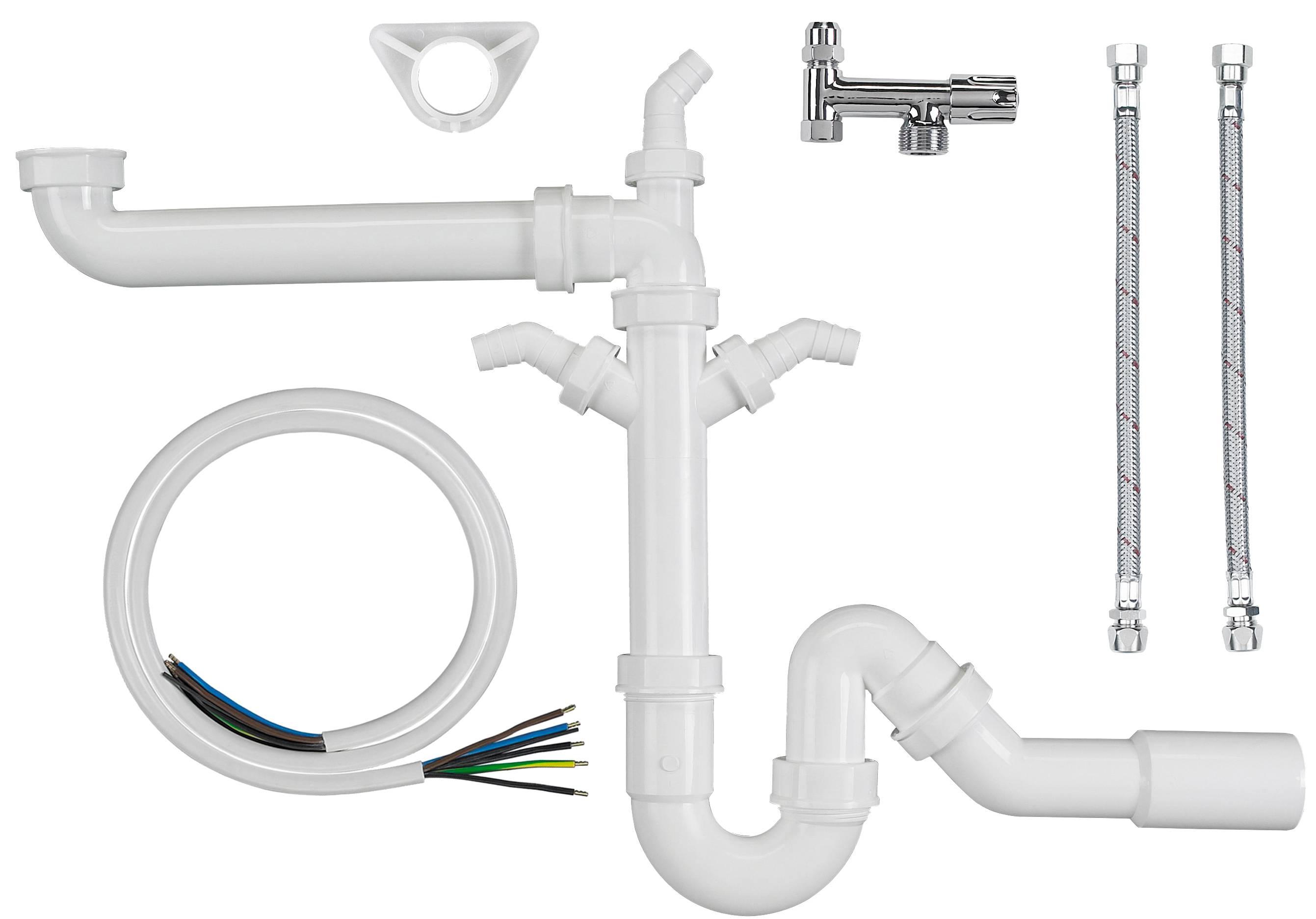 Ein Satz Sanitärkomponenten bestehend aus einem Rohrabwassersystem, einem Wasserhahn, einem Schlauch und einer Verkabelung, angeordnet auf weißem Hintergrund.
