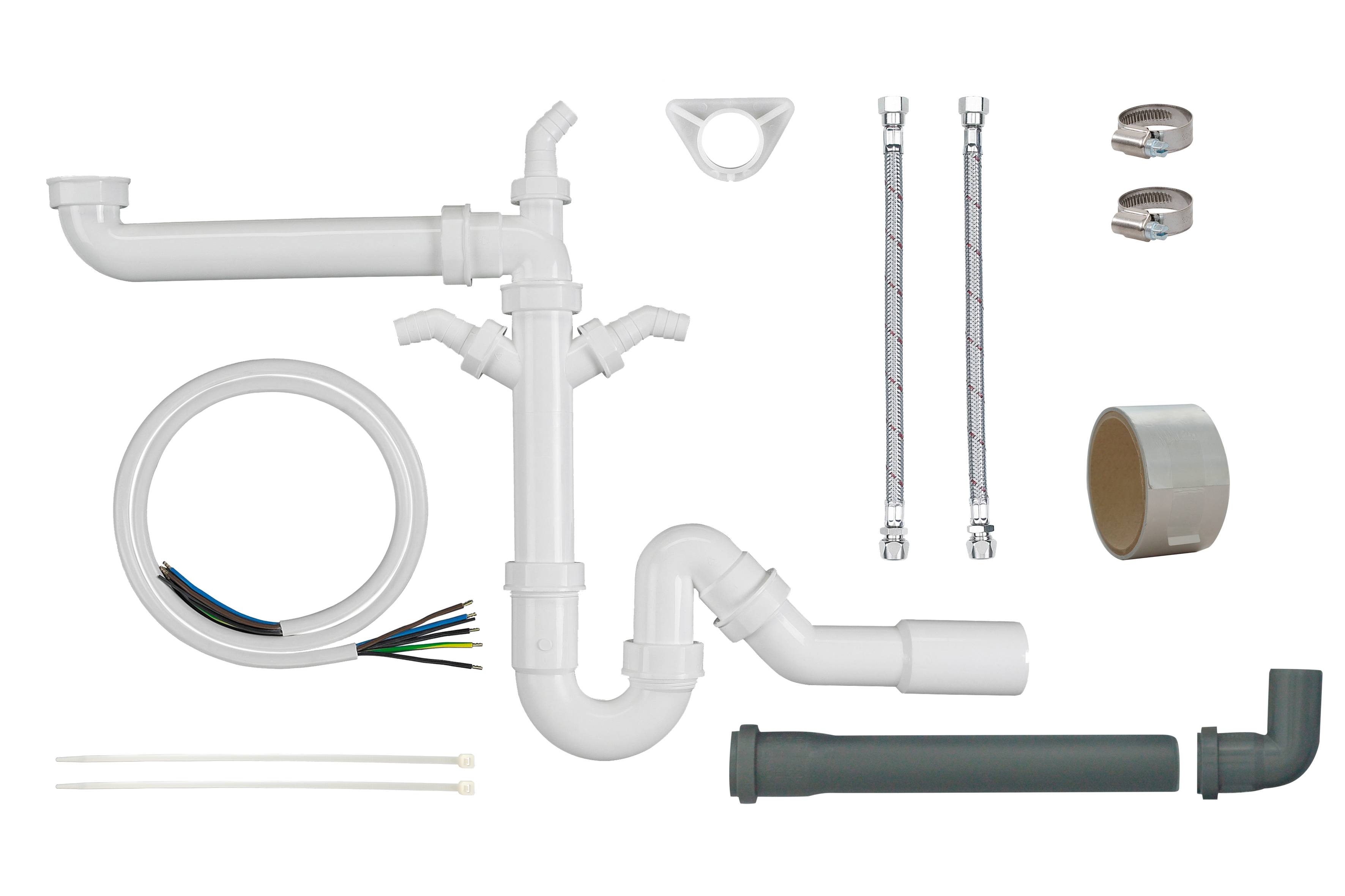 Sortierte Sanitär- und Rohrverschraubungen auf schwarzem Hintergrund, einschließlich Rohre, Verbinder und Schläuche, ordentlich nebeneinander angeordnet.