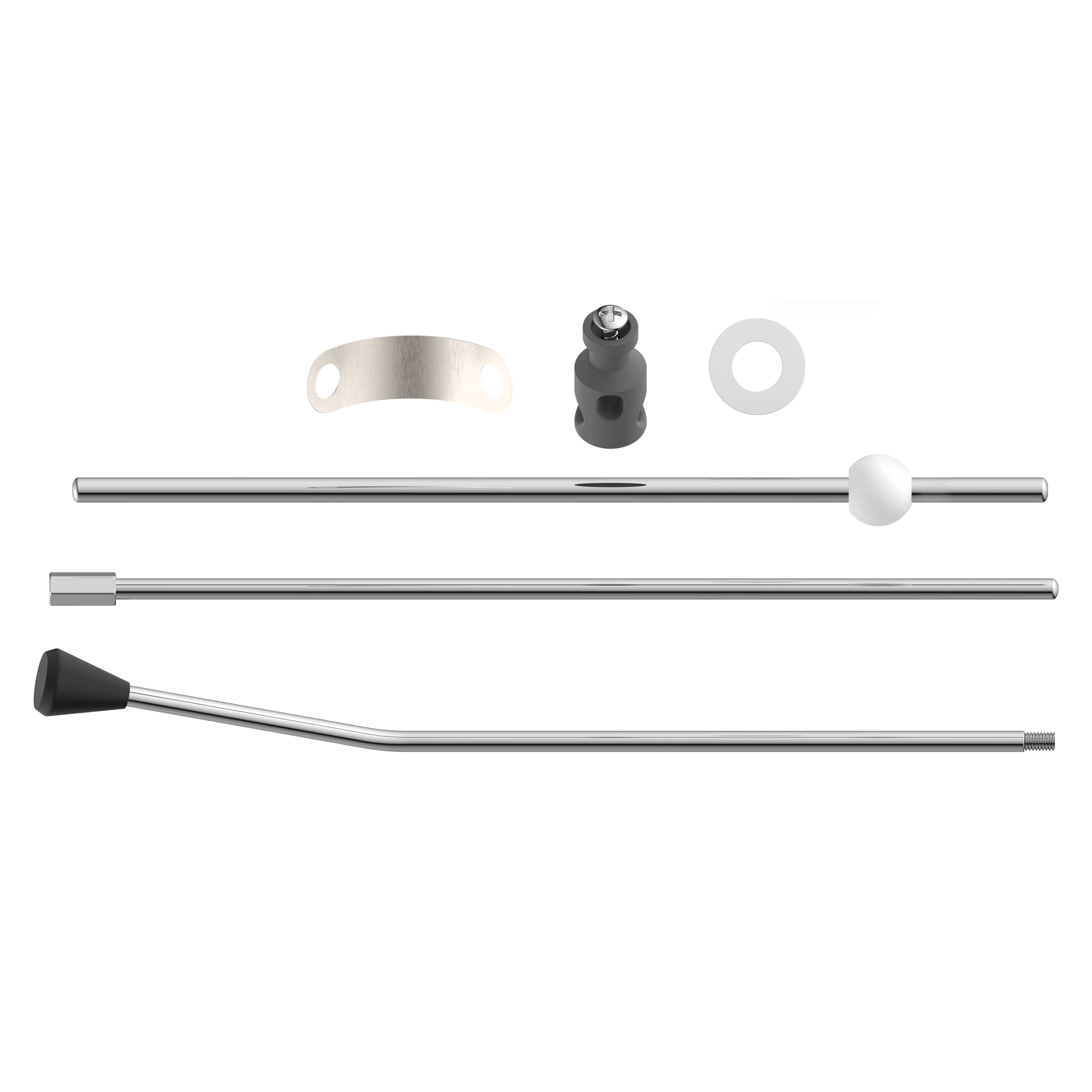 Sammlung von Metall- und Gummikomponenten auf schwarzem Hintergrund angeordnet, einschließlich Stangen, Unterlegscheiben und einer Gummiendkappe.