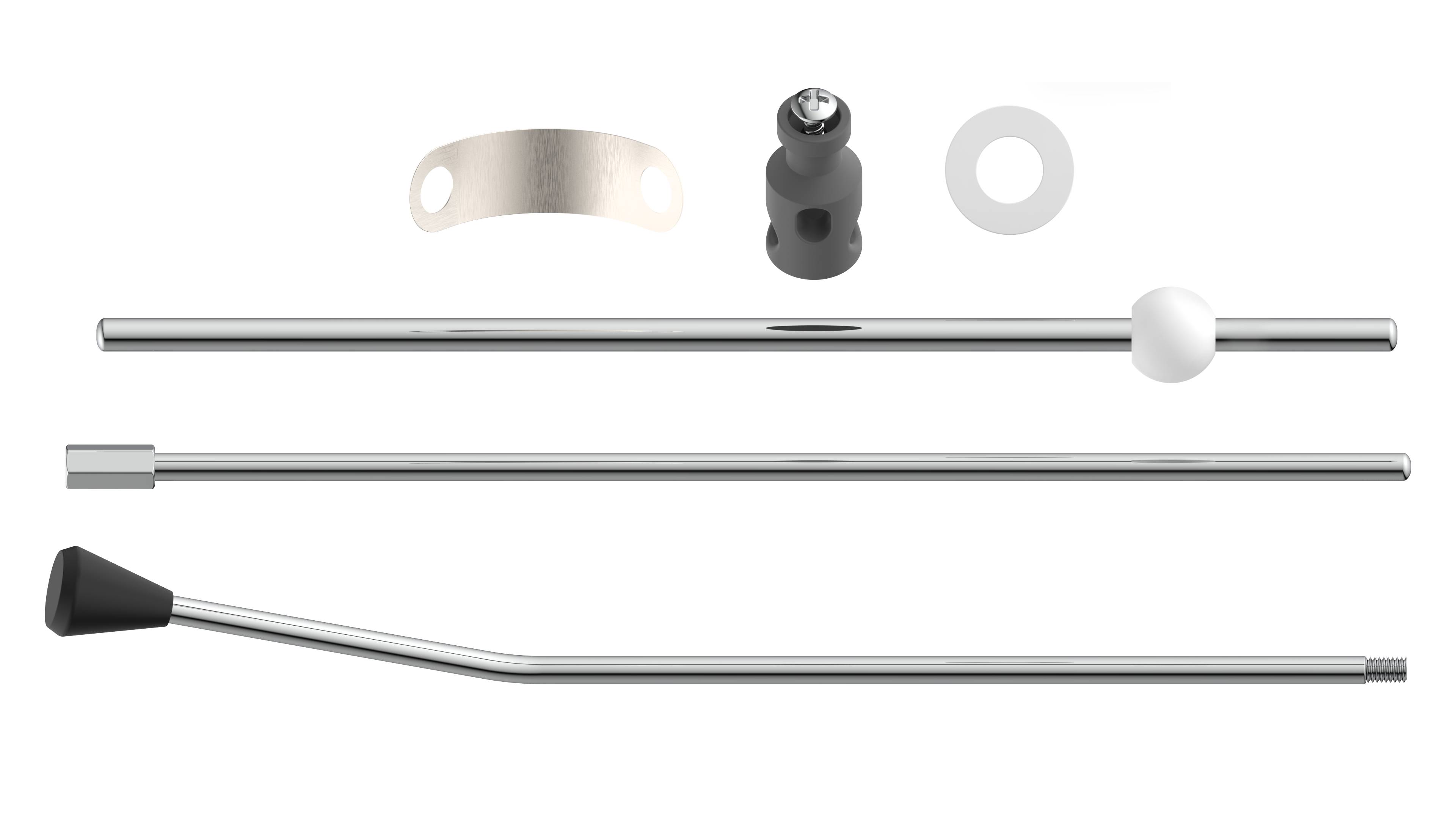 Teile eines Schlagzeug-Stimmschlüssels, einschließlich eines Griffs, eines Knopfs und von Unterlegscheiben, angeordnet auf schwarzem Hintergrund.